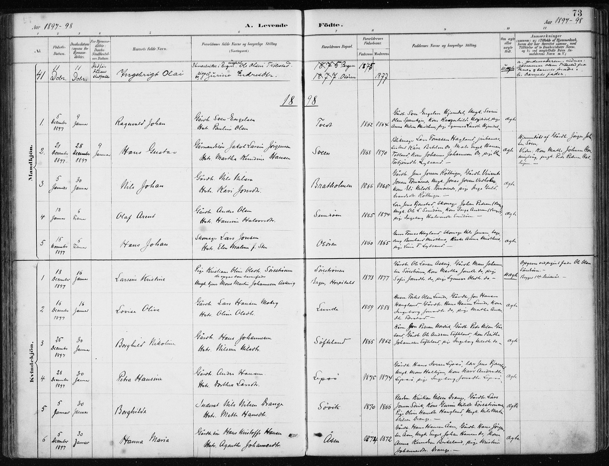 Os sokneprestembete, SAB/A-99929: Parish register (official) no. B 1, 1885-1902, p. 73