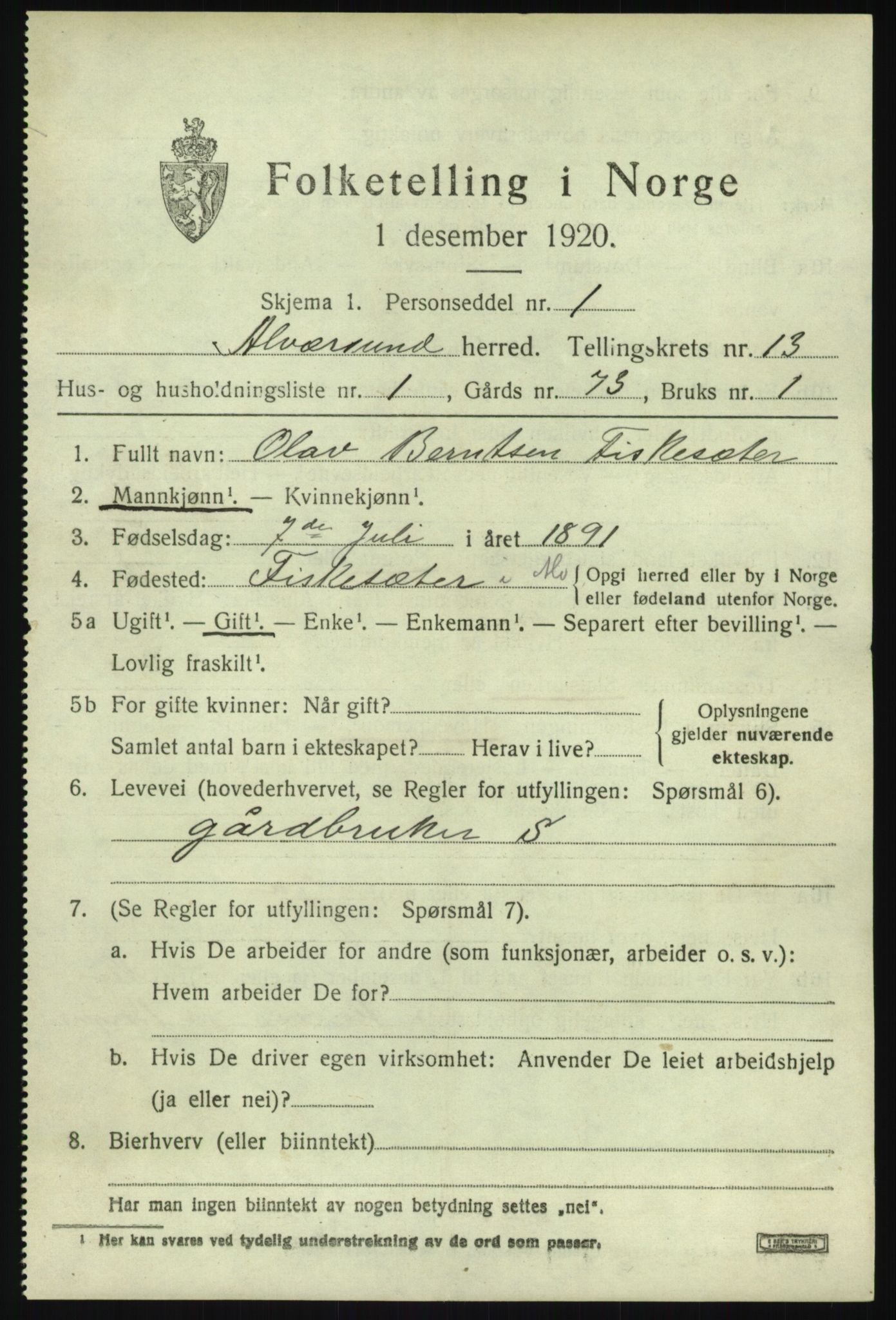 SAB, 1920 census for Alversund, 1920, p. 7150