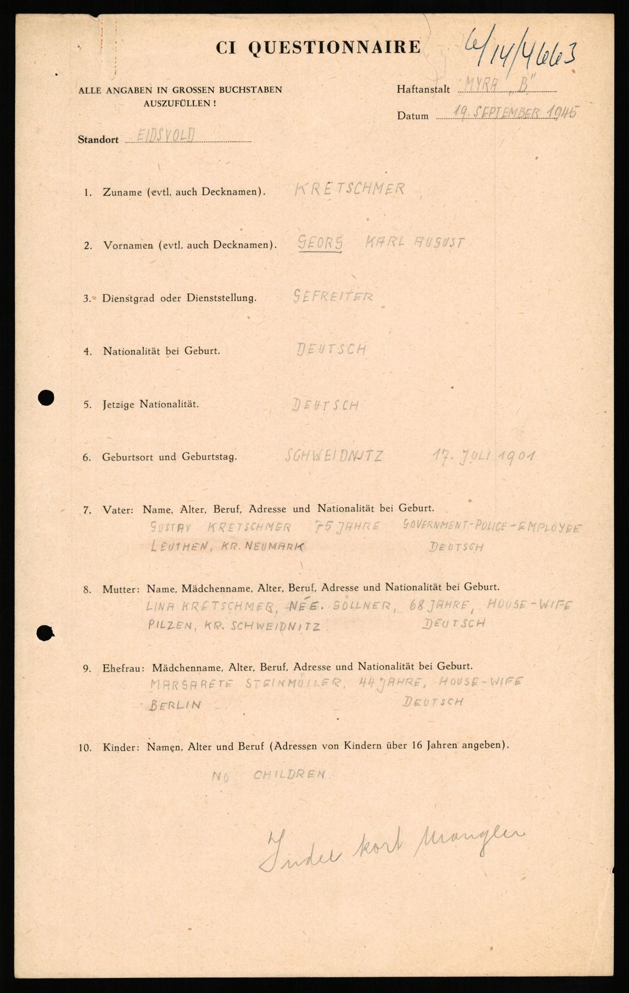 Forsvaret, Forsvarets overkommando II, AV/RA-RAFA-3915/D/Db/L0018: CI Questionaires. Tyske okkupasjonsstyrker i Norge. Tyskere., 1945-1946, p. 141