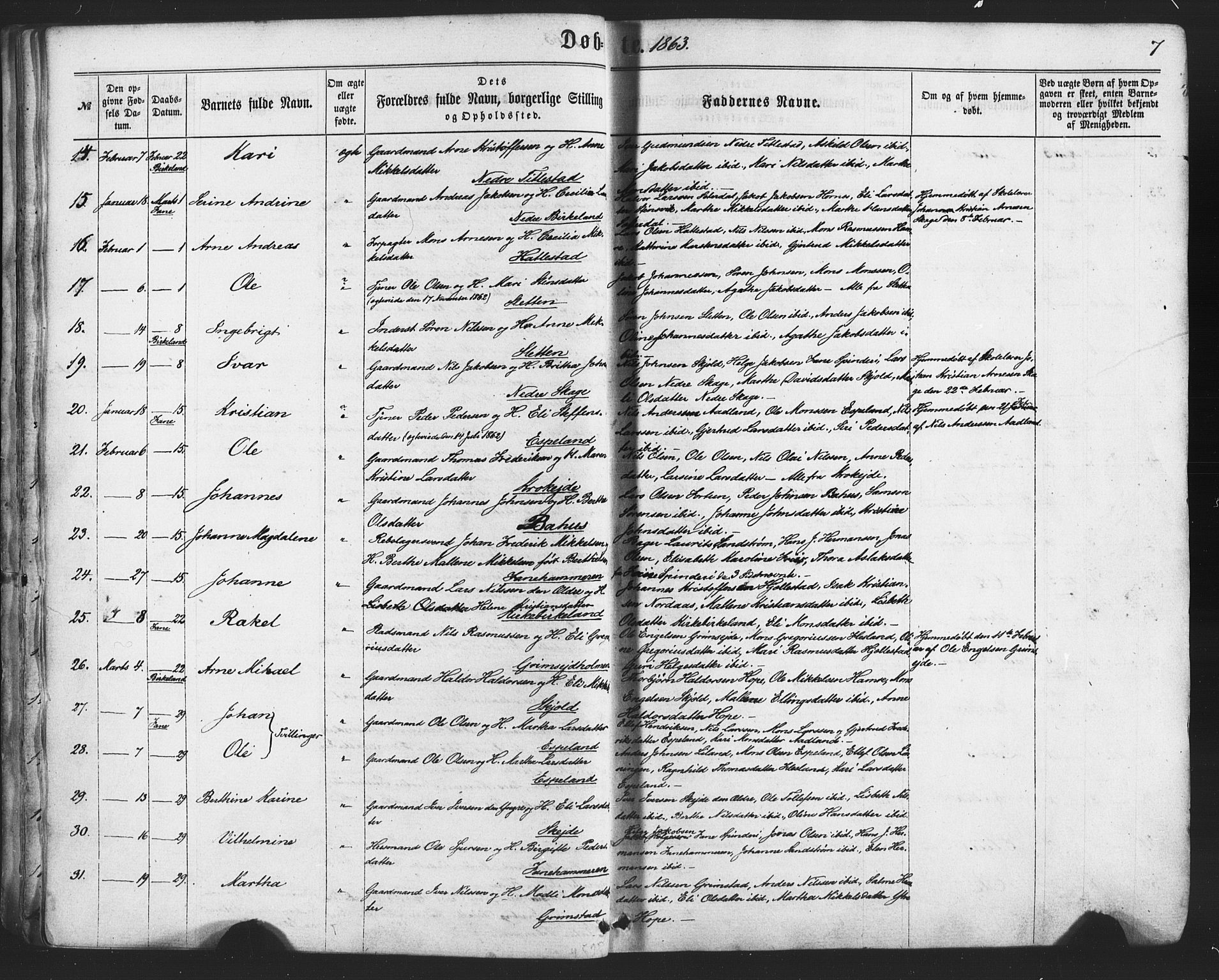 Fana Sokneprestembete, AV/SAB-A-75101/H/Haa/Haaa/L0012: Parish register (official) no. A 12, 1862-1878, p. 7