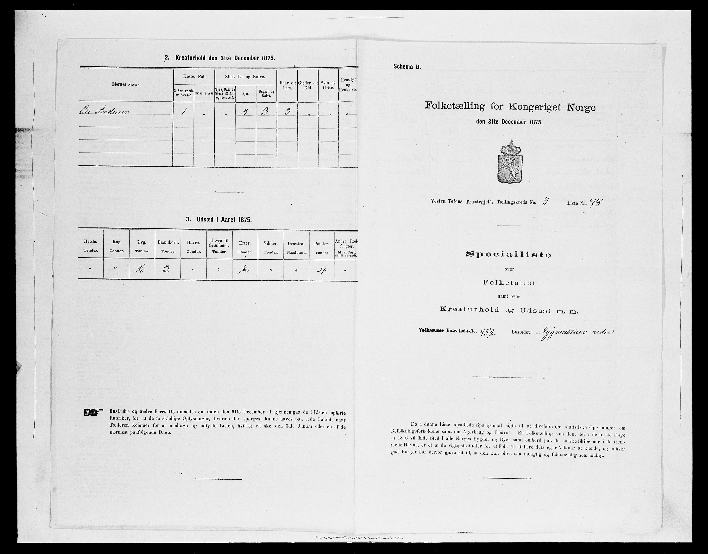 SAH, 1875 census for 0529P Vestre Toten, 1875, p. 1849