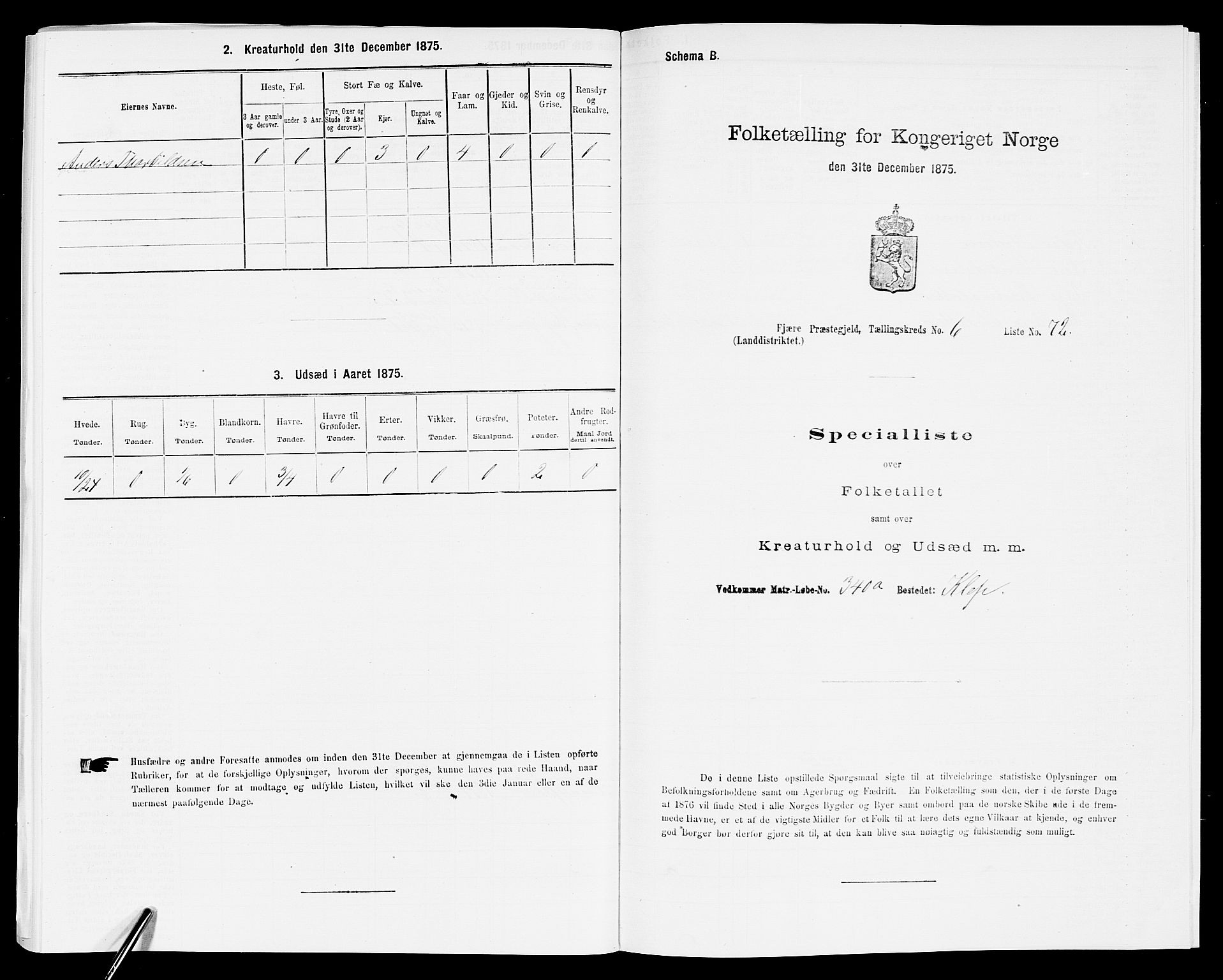 SAK, 1875 census for 0923L Fjære/Fjære, 1875, p. 1544