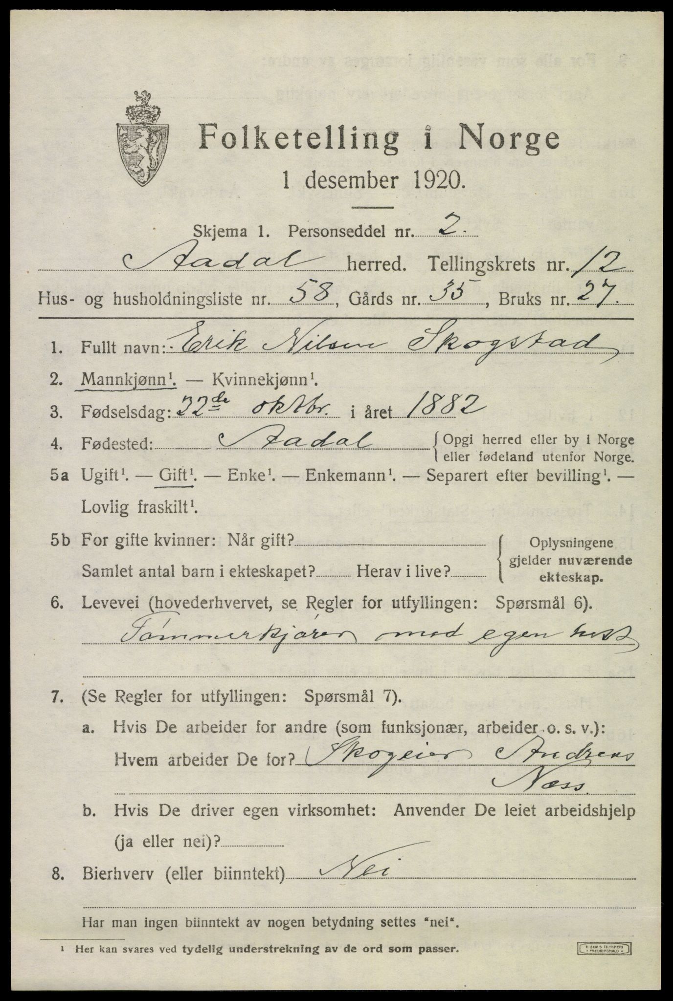 SAKO, 1920 census for Ådal, 1920, p. 7630