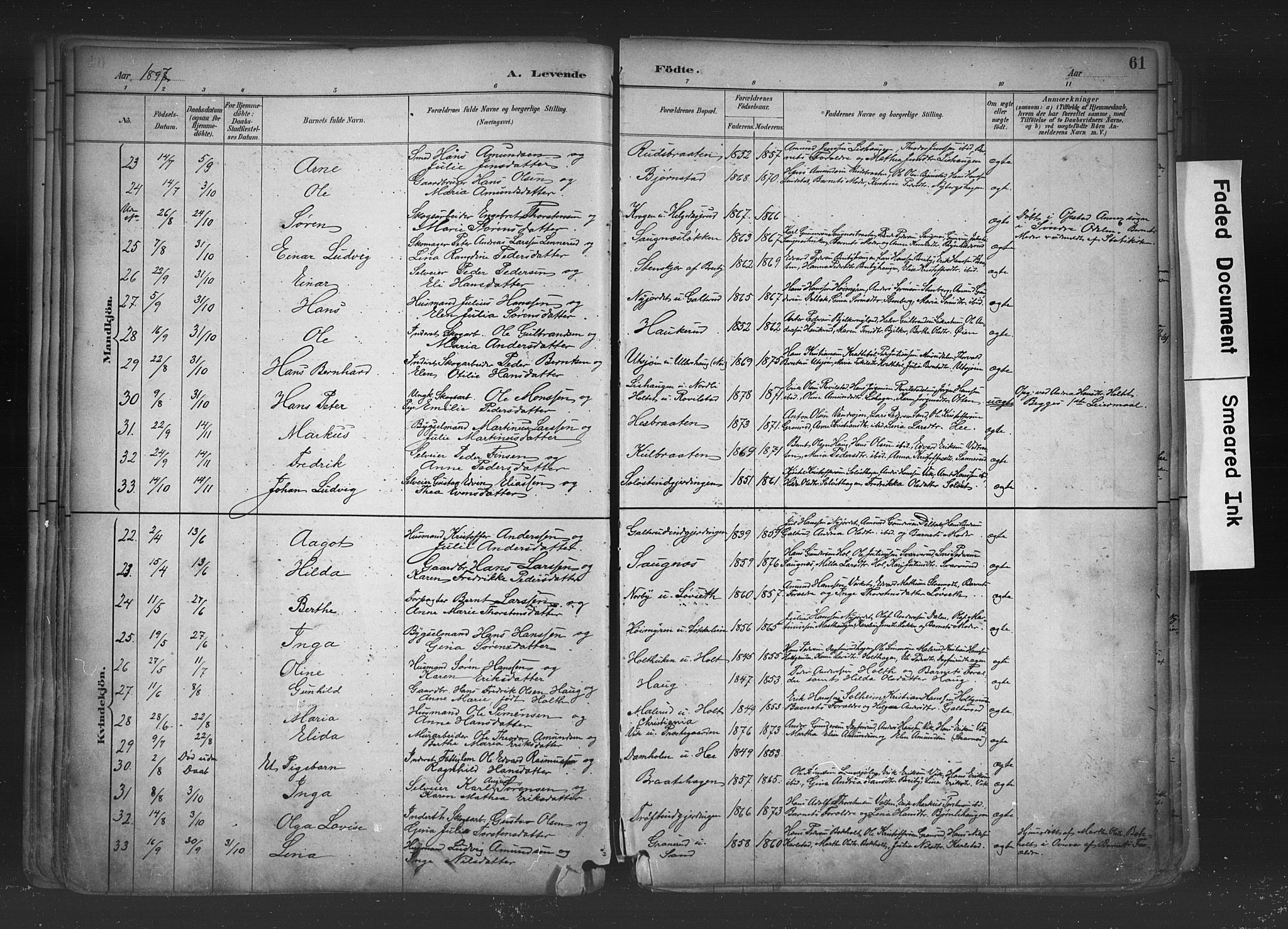 Nord-Odal prestekontor, AV/SAH-PREST-032/H/Ha/Haa/L0006: Parish register (official) no. 6, 1886-1901, p. 61