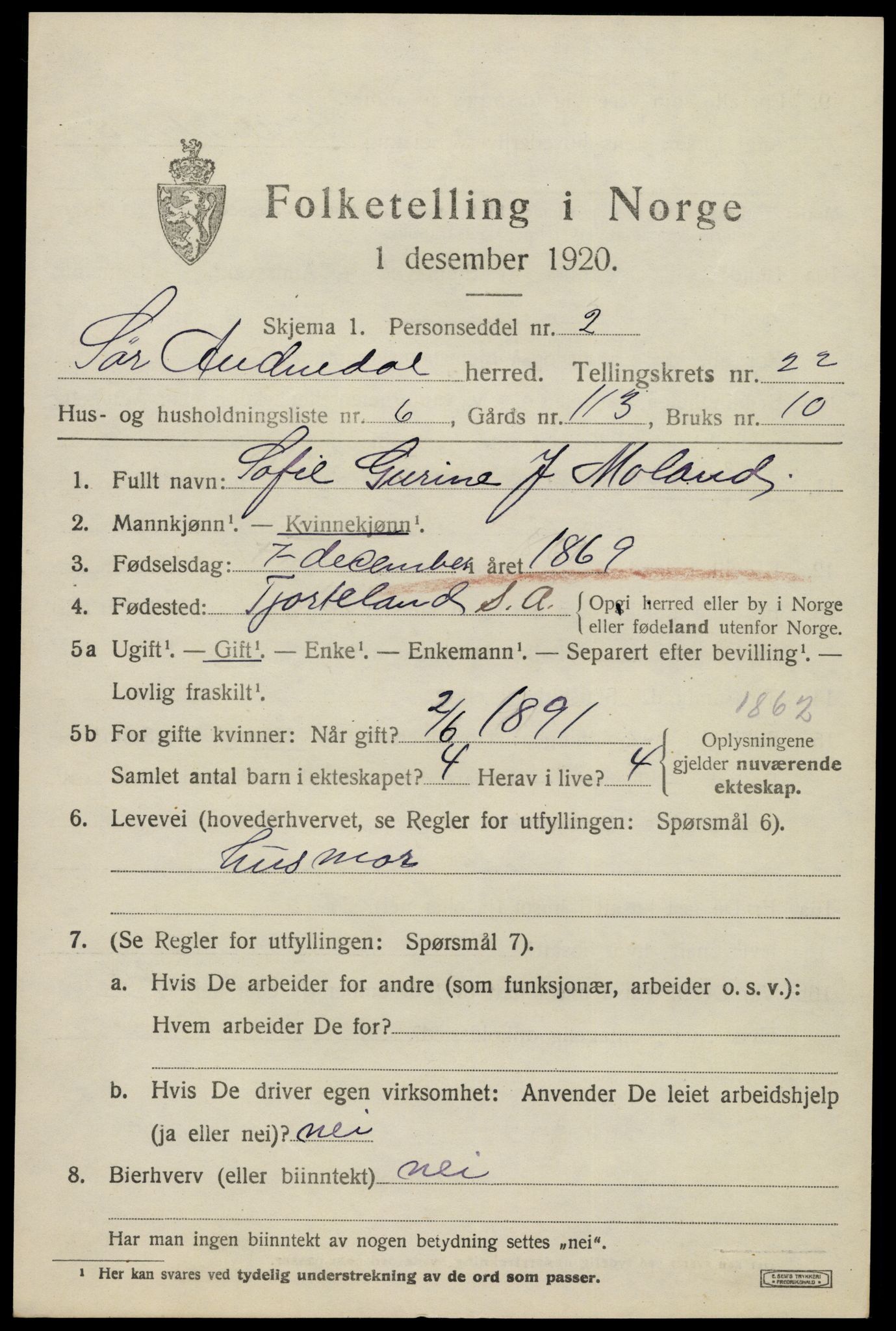 SAK, 1920 census for Sør-Audnedal, 1920, p. 7143