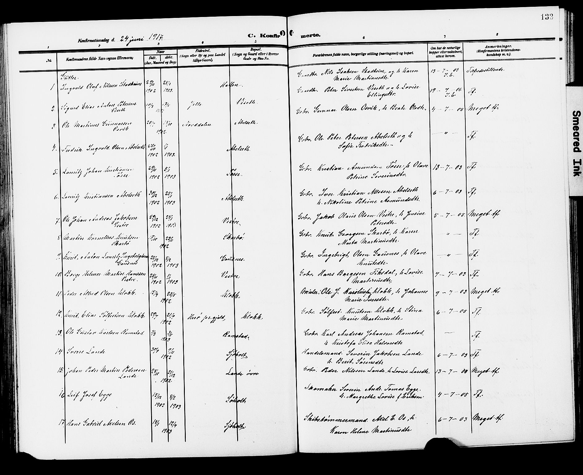 Ministerialprotokoller, klokkerbøker og fødselsregistre - Møre og Romsdal, SAT/A-1454/522/L0328: Parish register (copy) no. 522C07, 1909-1925, p. 133