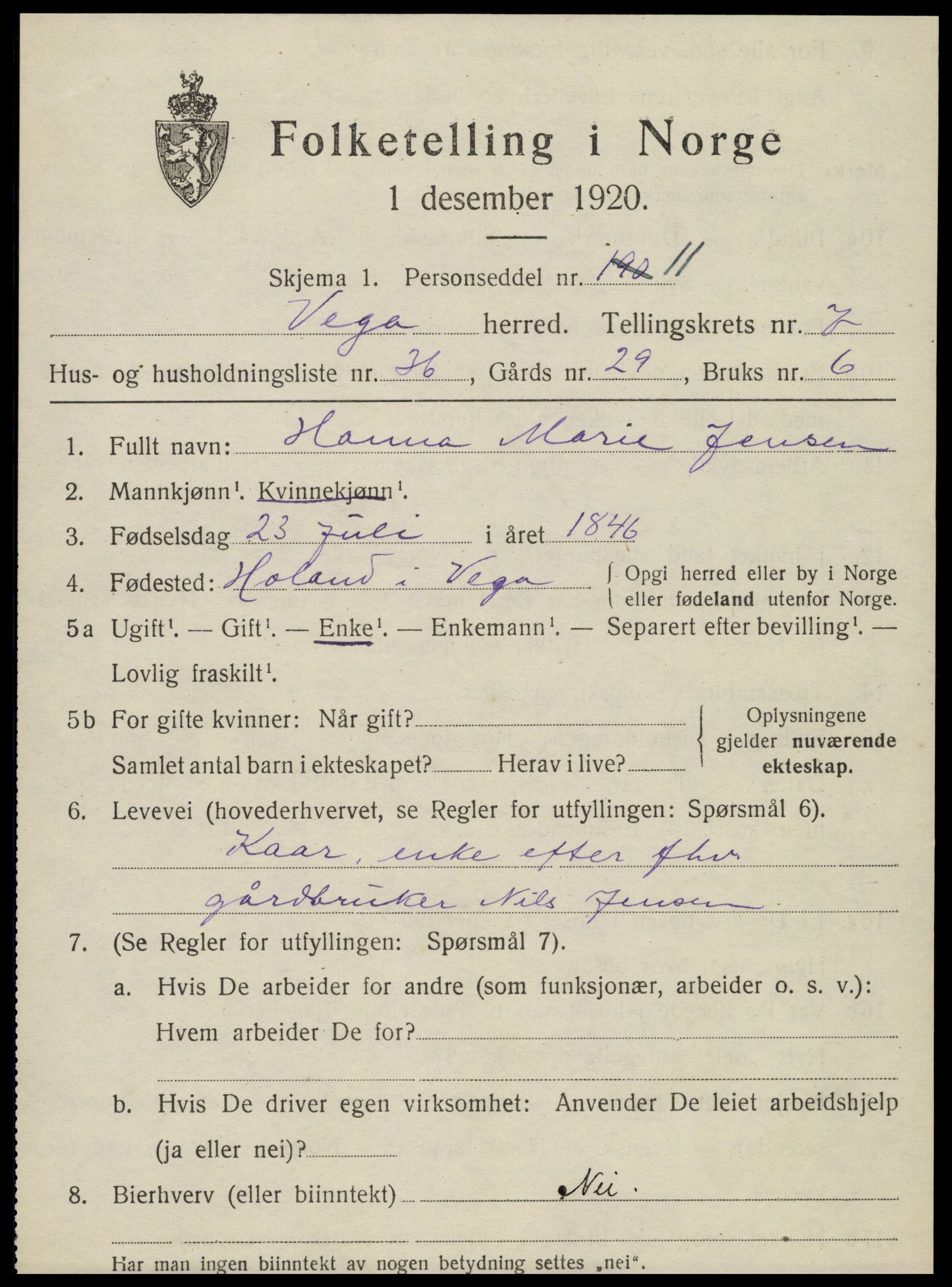 SAT, 1920 census for Vega, 1920, p. 3789