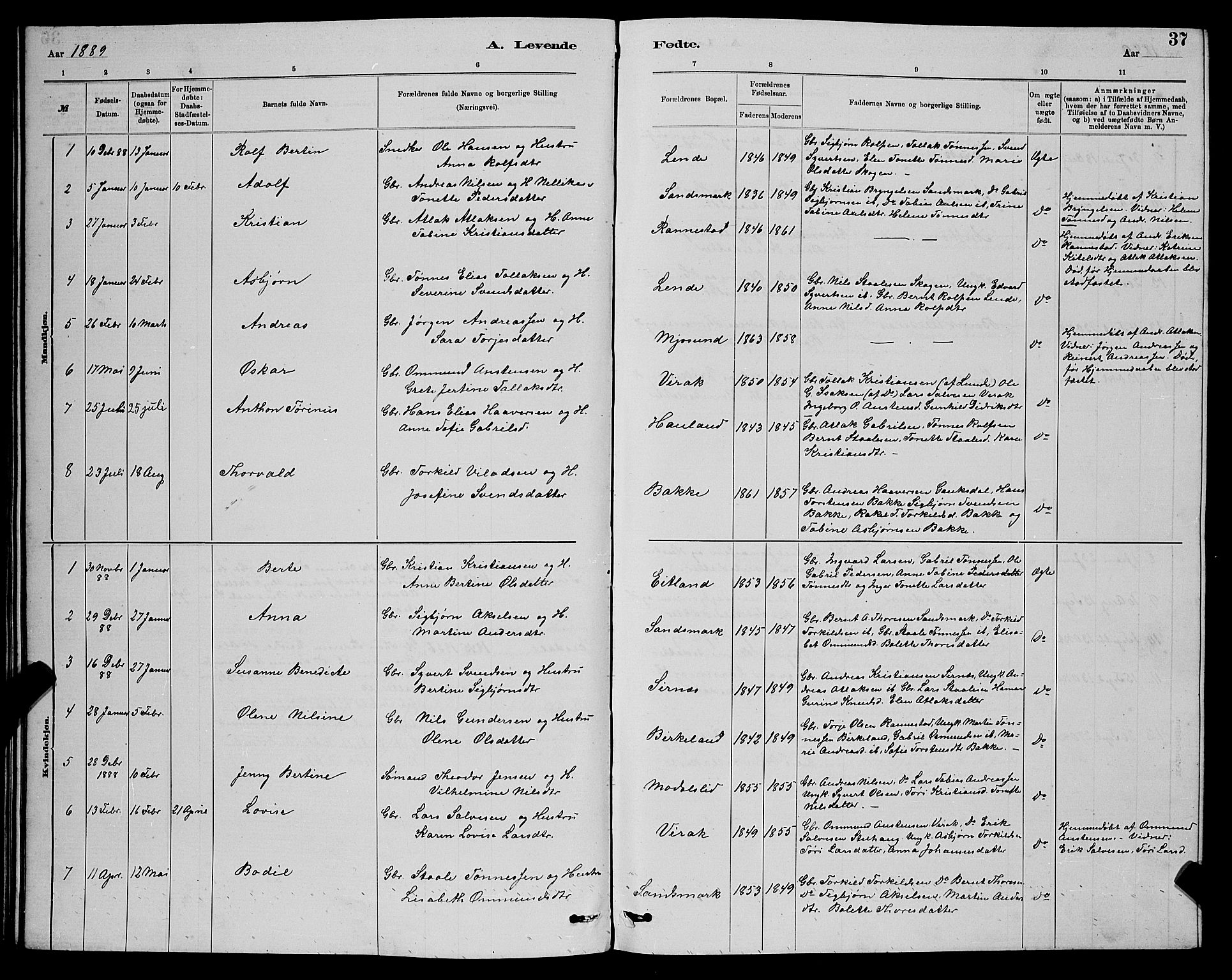 Bakke sokneprestkontor, SAK/1111-0002/F/Fb/Fba/L0002: Parish register (copy) no. B 2, 1879-1893, p. 37