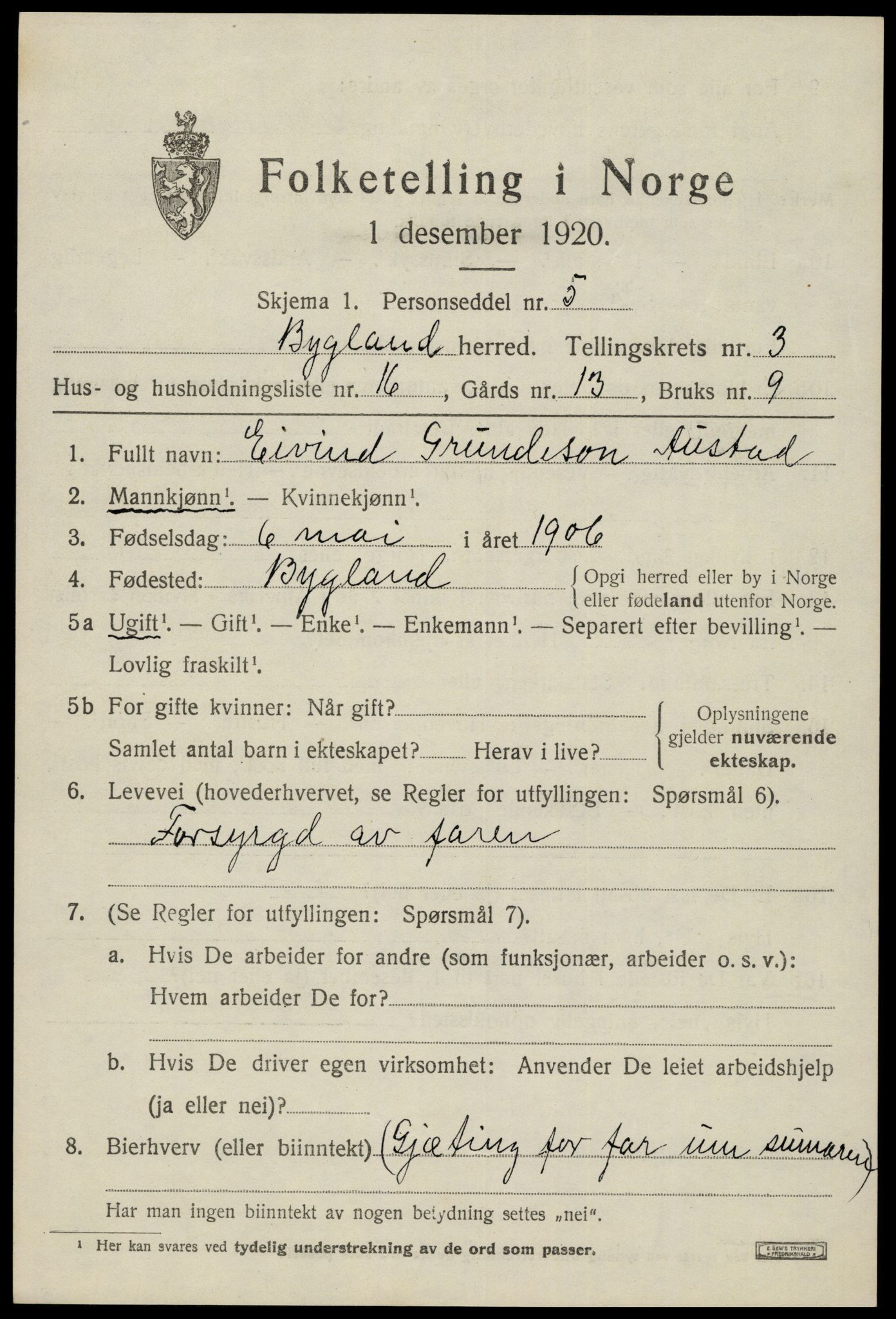 SAK, 1920 census for Bygland, 1920, p. 1677