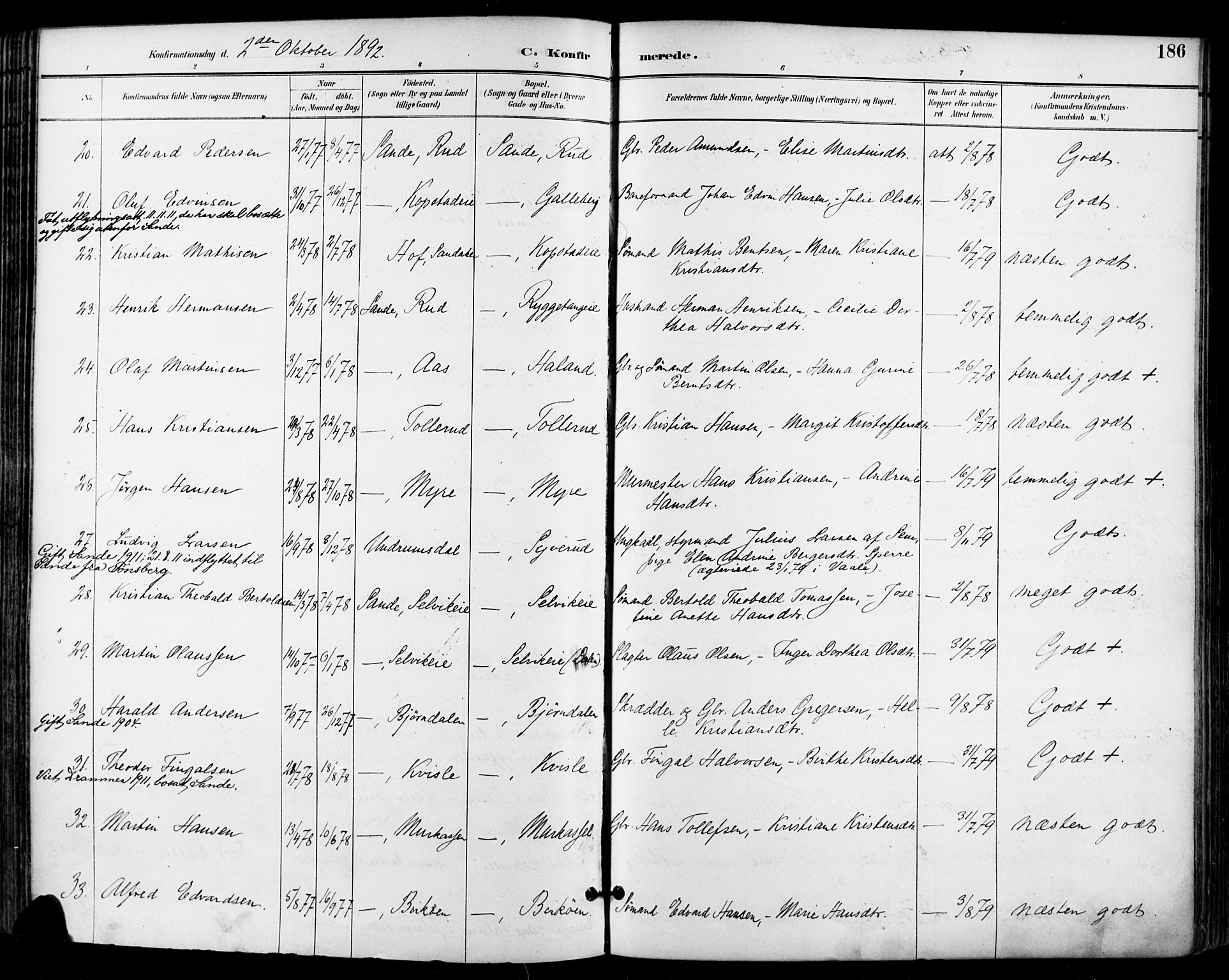 Sande Kirkebøker, AV/SAKO-A-53/F/Fa/L0007: Parish register (official) no. 7, 1888-1903, p. 186