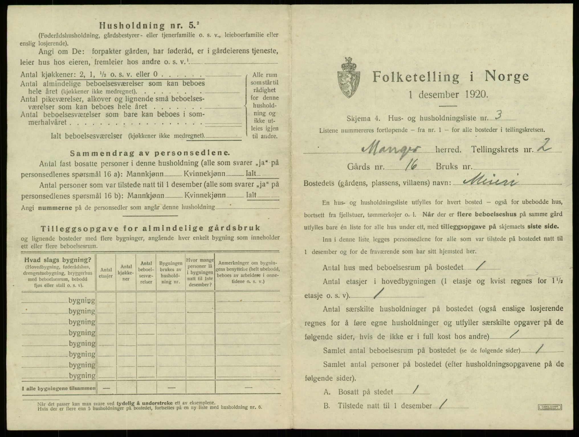 SAB, 1920 census for Manger, 1920, p. 139