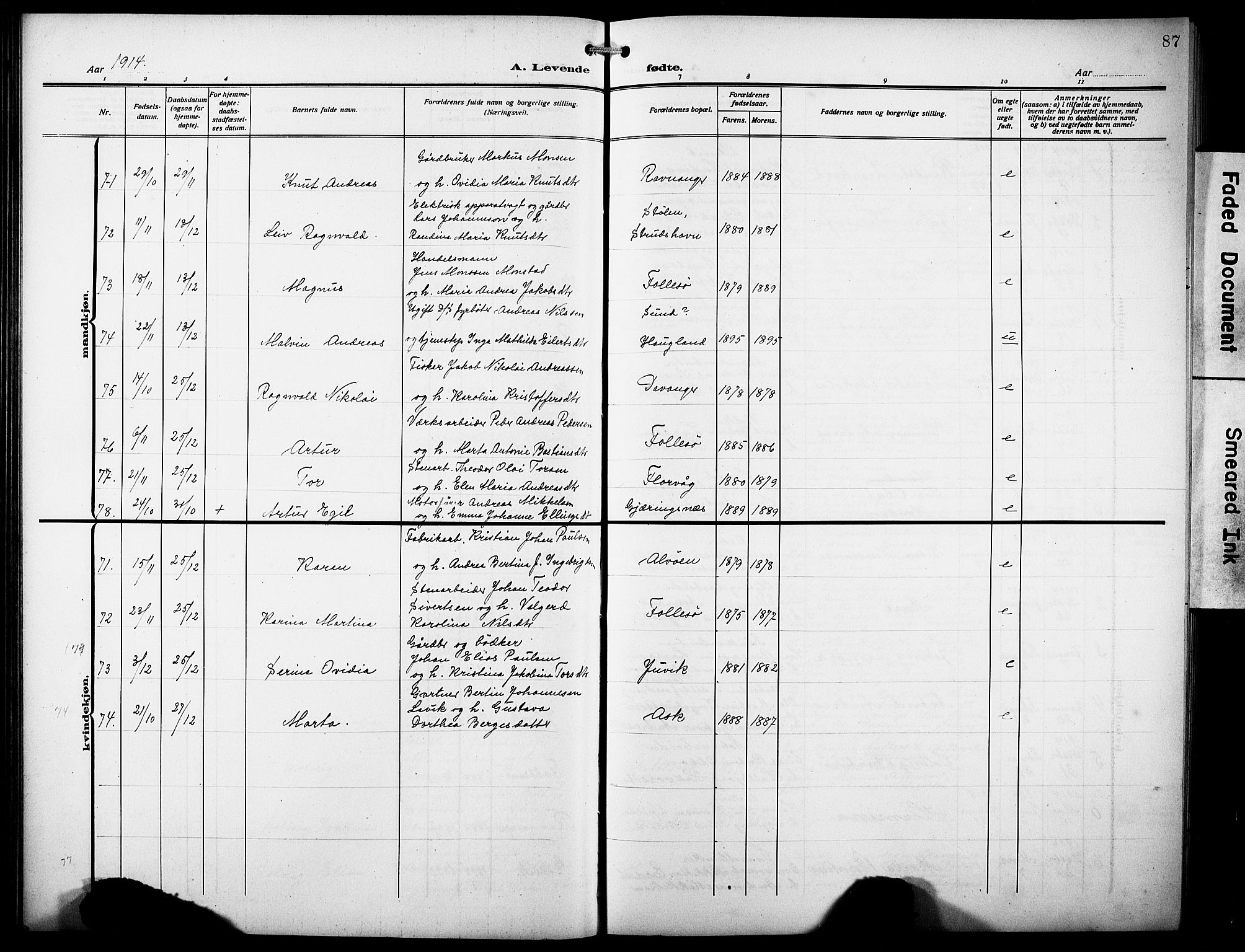 Askøy Sokneprestembete, AV/SAB-A-74101/H/Ha/Hab/Haba/L0011: Parish register (copy) no. A 11, 1908-1931, p. 87