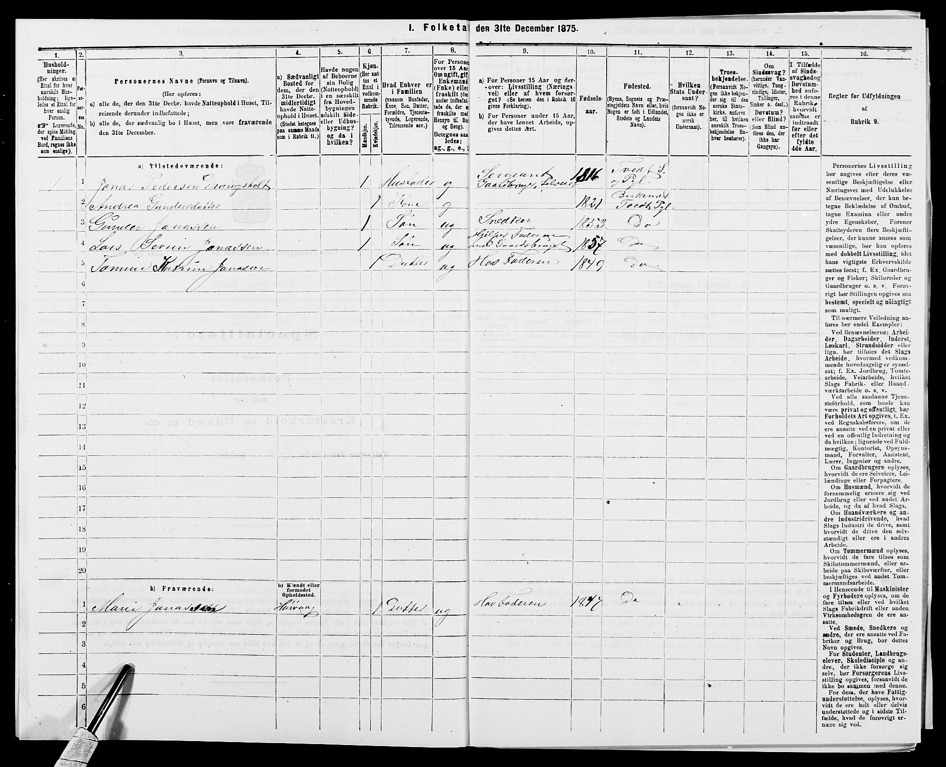 SAK, 1875 census for 1013P Tveit, 1875, p. 772