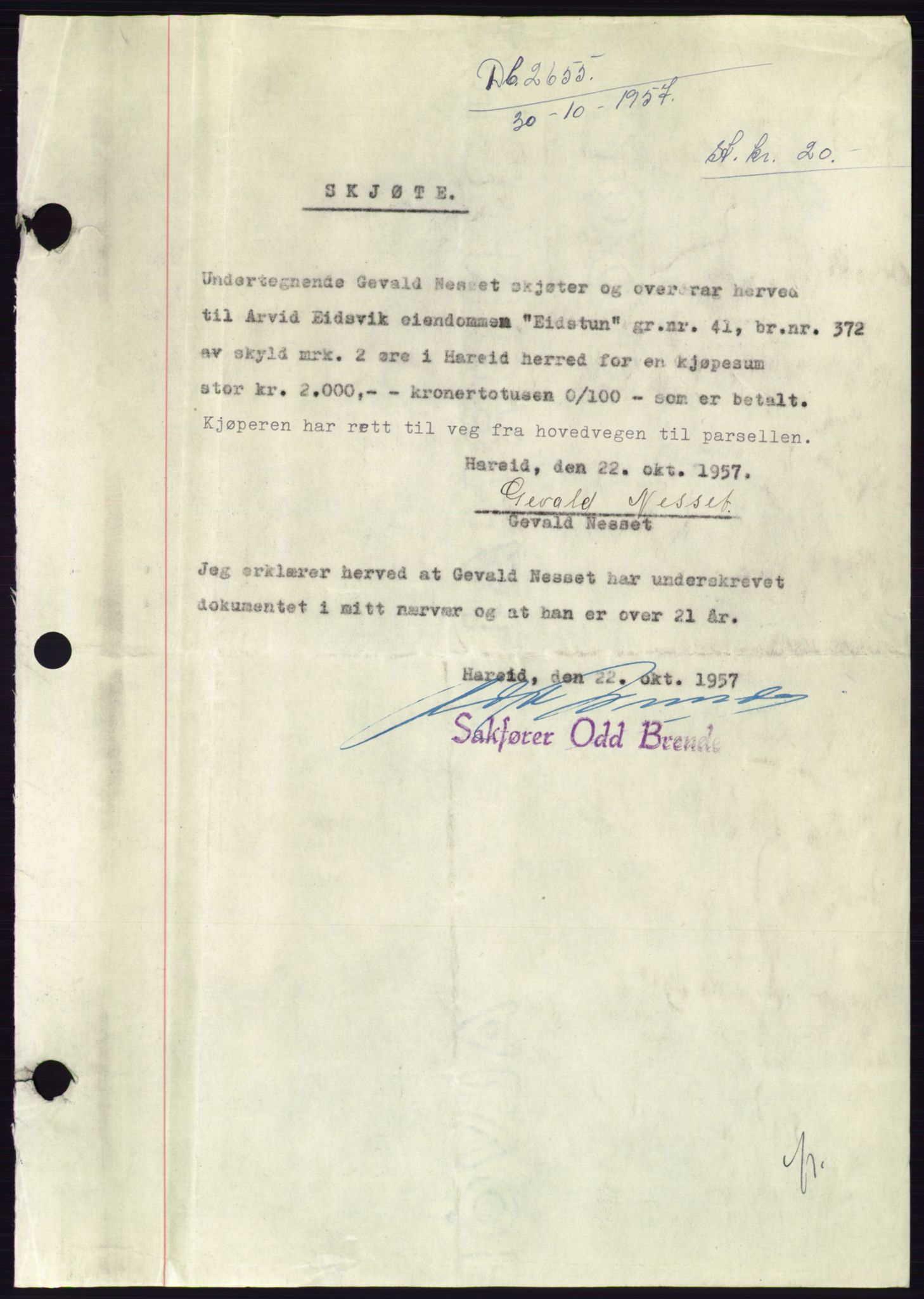 Søre Sunnmøre sorenskriveri, AV/SAT-A-4122/1/2/2C/L0108: Mortgage book no. 34A, 1957-1958, Diary no: : 2655/1957