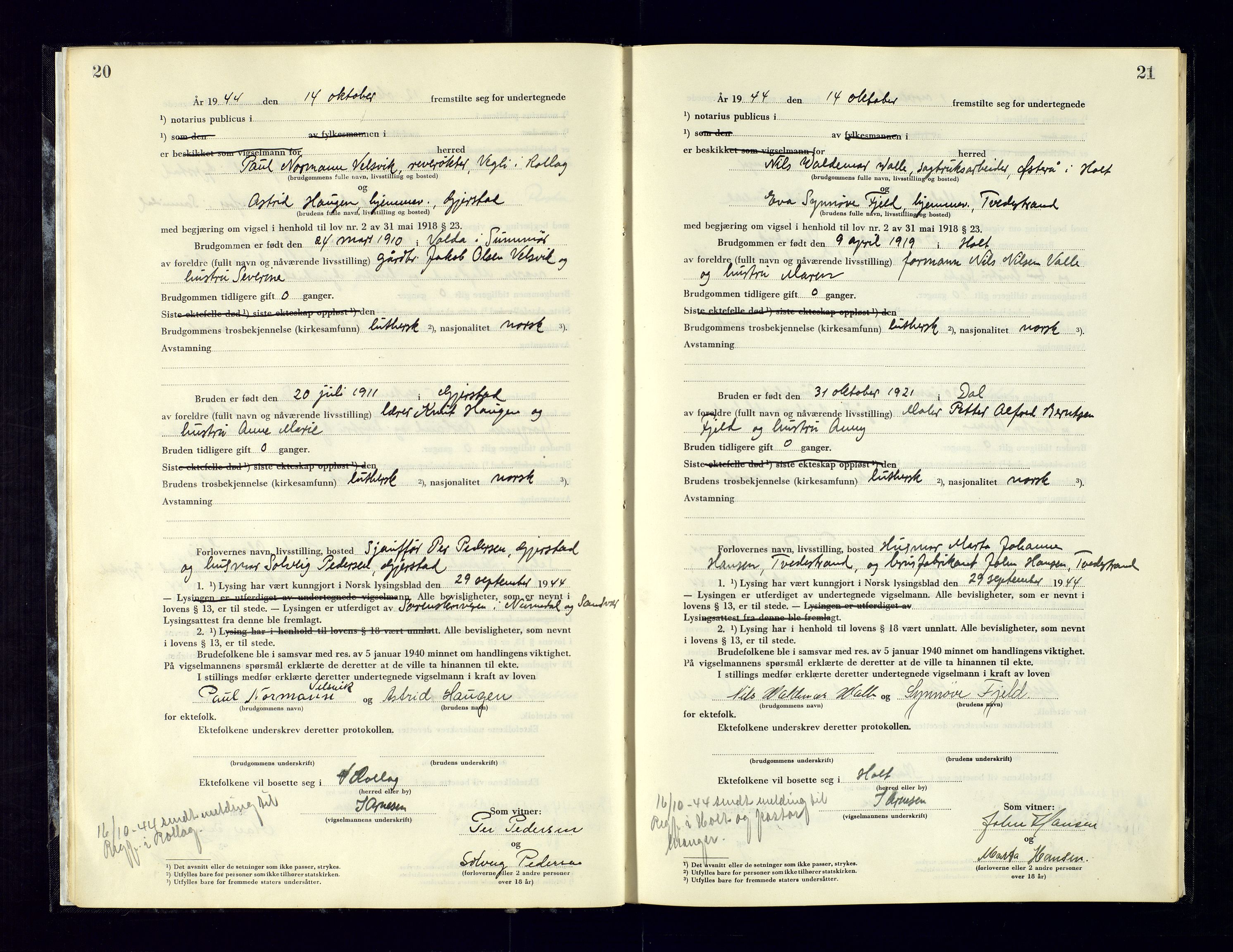 Holt sorenskriveri, AV/SAK-1221-0002/L/Ld/L0003: Vigselbok nr. 2, 1944-1964, p. 20-21