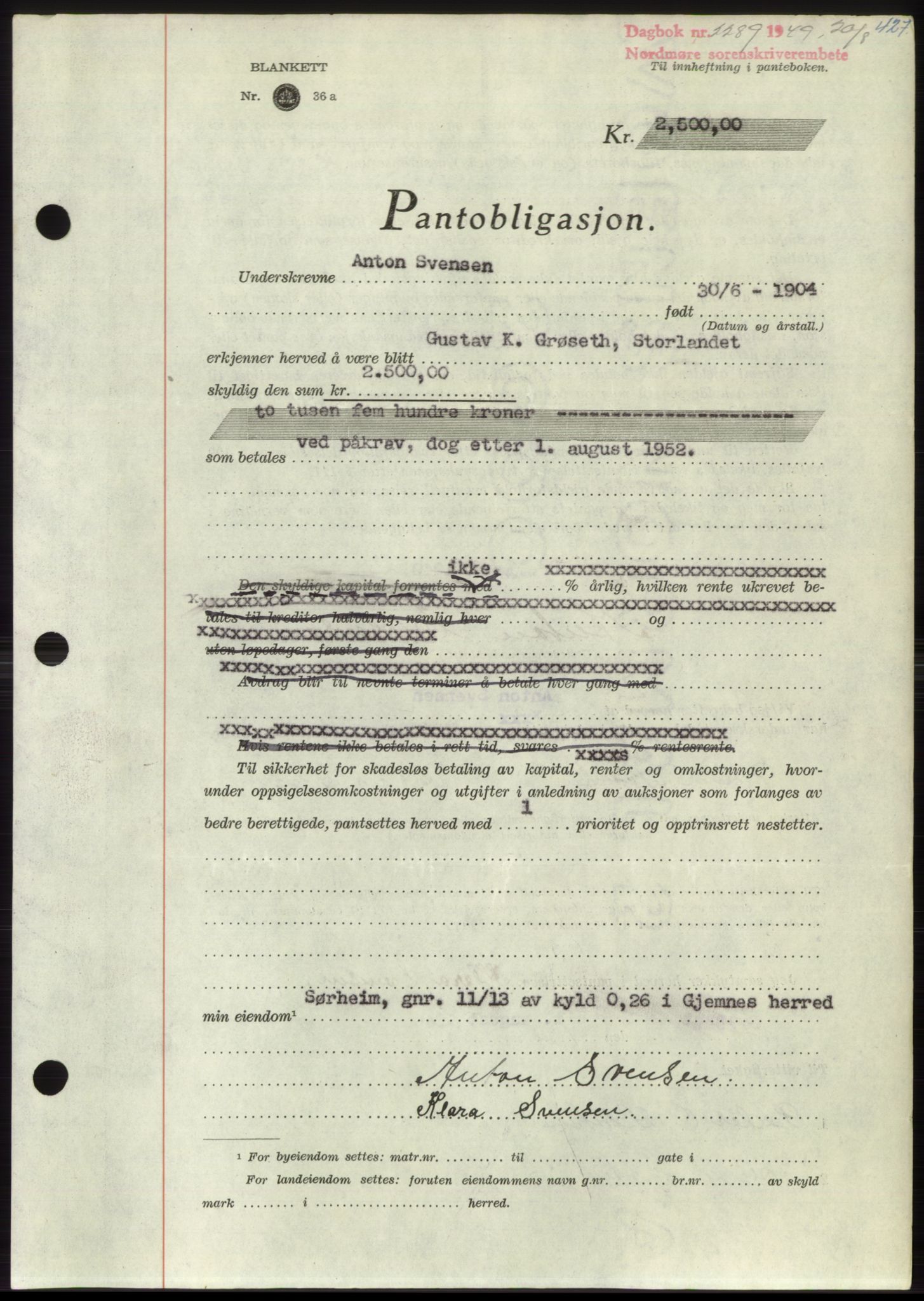 Nordmøre sorenskriveri, AV/SAT-A-4132/1/2/2Ca: Mortgage book no. B102, 1949-1949, Diary no: : 2289/1949