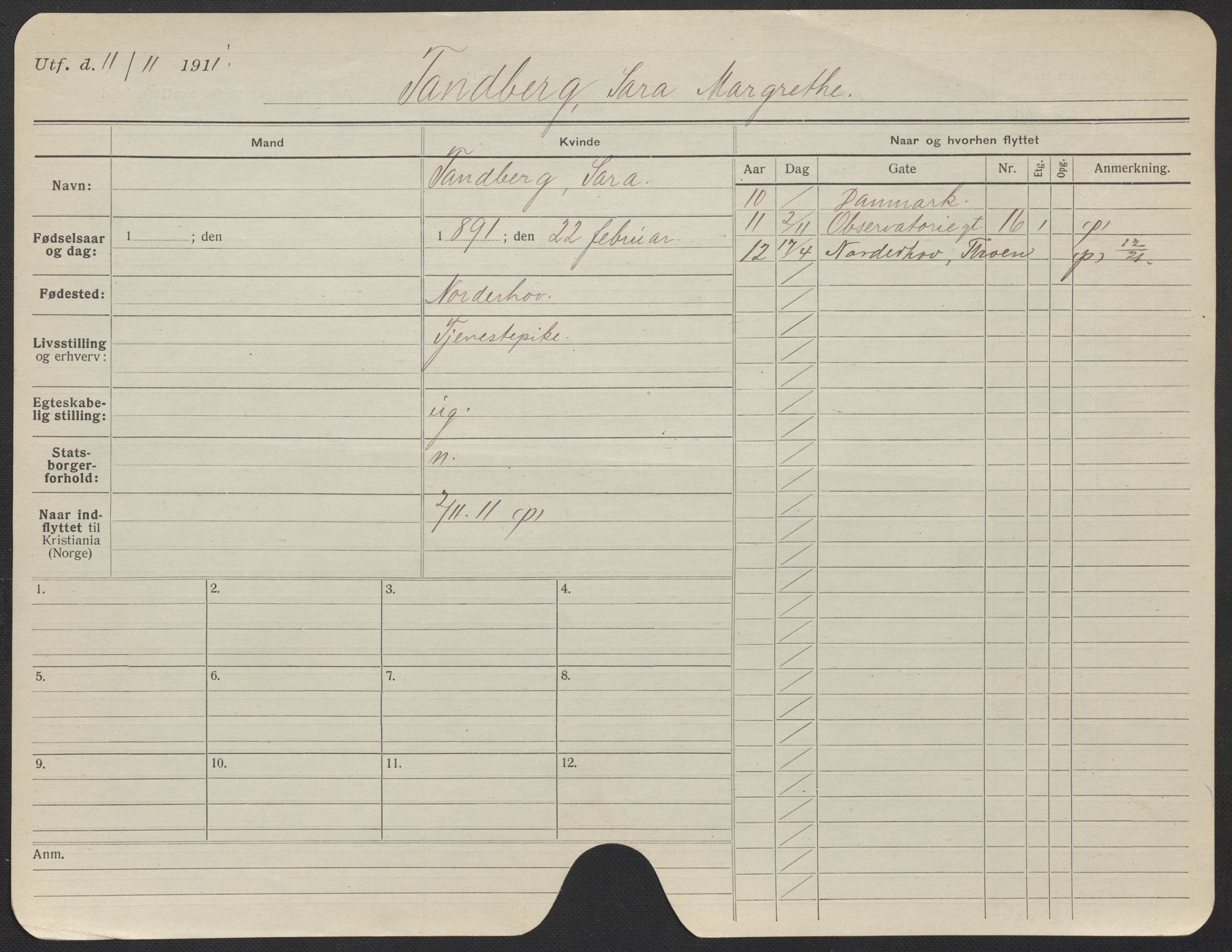 Oslo folkeregister, Registerkort, AV/SAO-A-11715/F/Fa/Fac/L0024: Kvinner, 1906-1914, p. 1002a