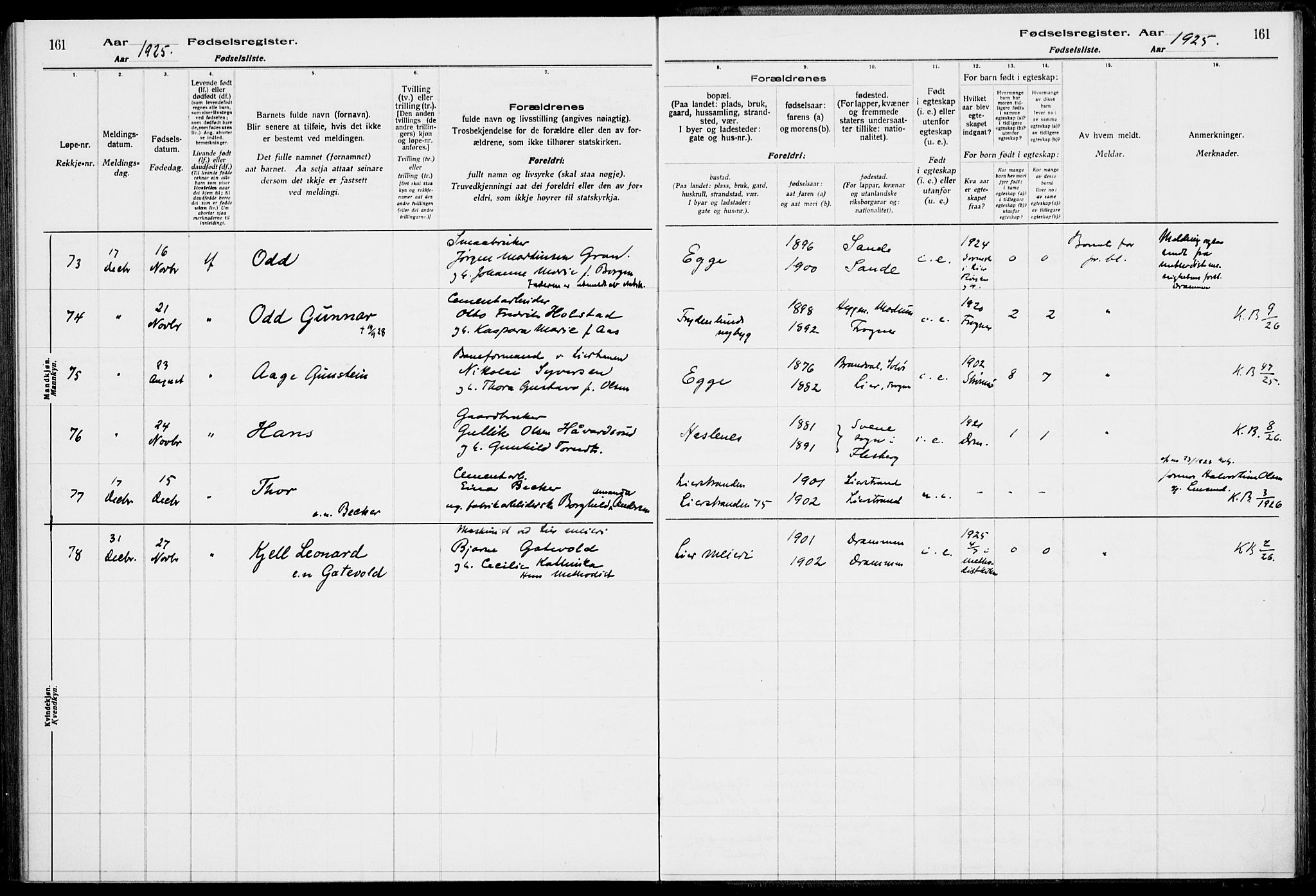 Lier kirkebøker, AV/SAKO-A-230/J/Ja/L0001: Birth register no. 1, 1916-1928, p. 161