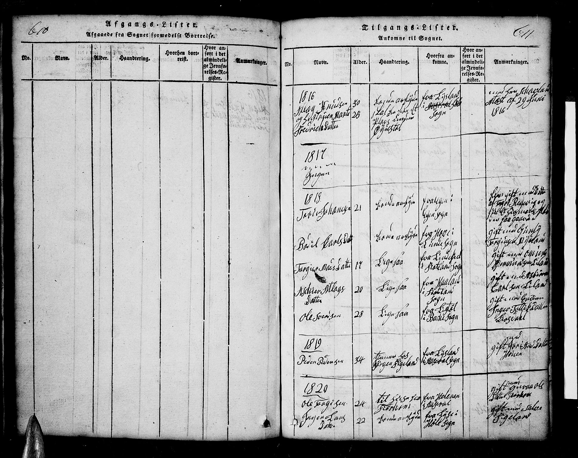 Sirdal sokneprestkontor, SAK/1111-0036/F/Fb/Fbb/L0001: Parish register (copy) no. B 1, 1815-1834, p. 610-611