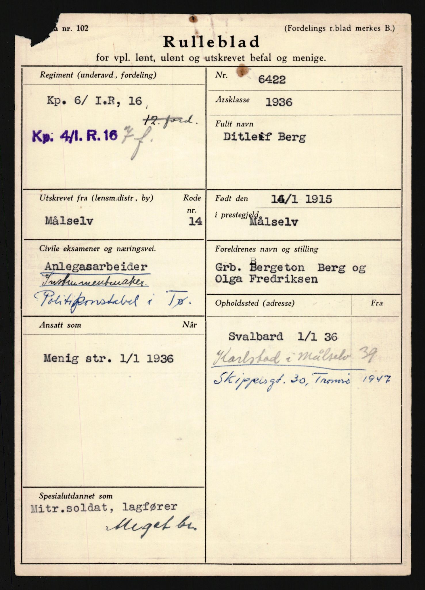 Forsvaret, Troms infanteriregiment nr. 16, AV/RA-RAFA-3146/P/Pa/L0020: Rulleblad for regimentets menige mannskaper, årsklasse 1936, 1936, p. 111