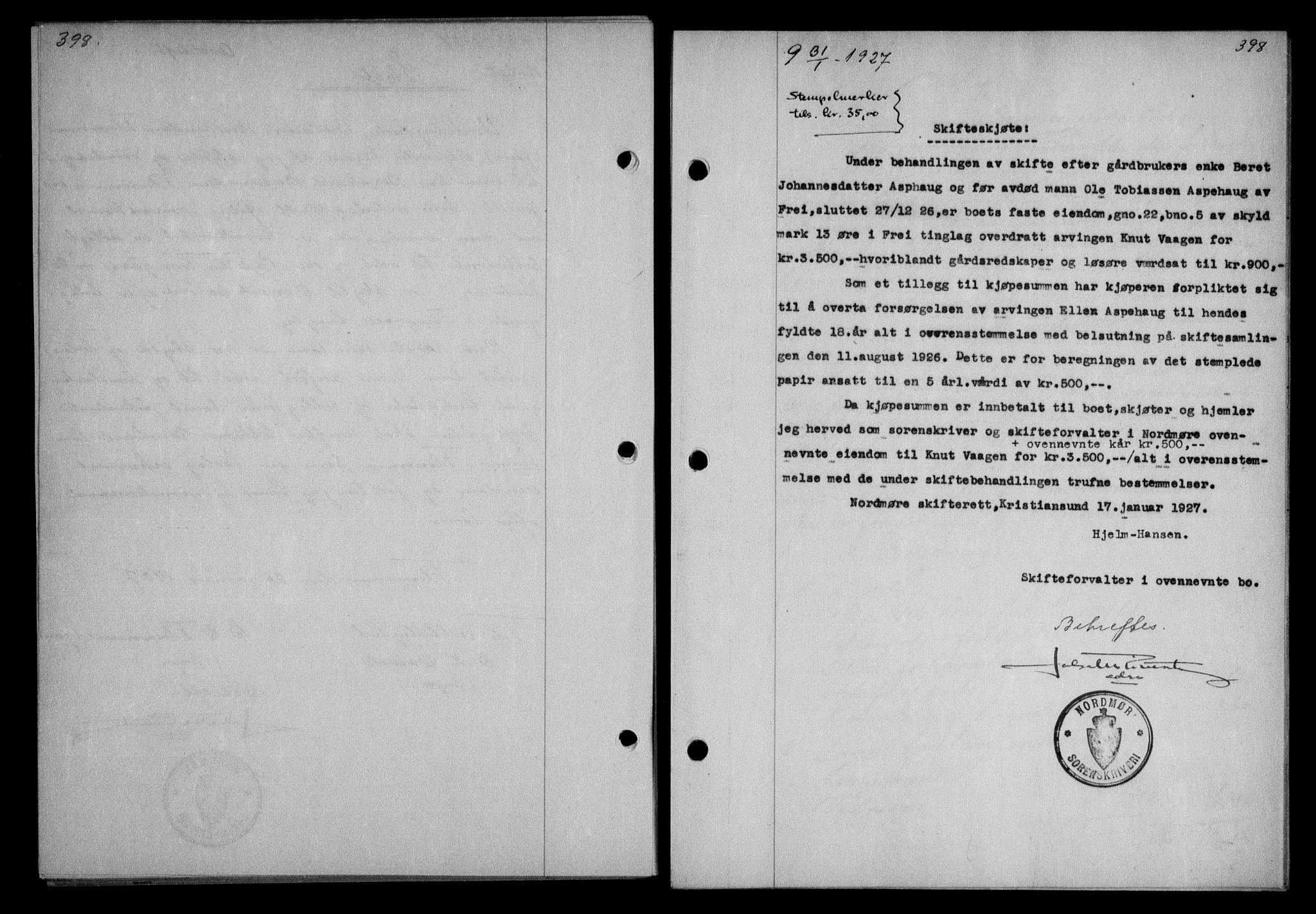 Nordmøre sorenskriveri, AV/SAT-A-4132/1/2/2Ca/L0061: Mortgage book no. 51, 1926-1927, Deed date: 31.01.1927