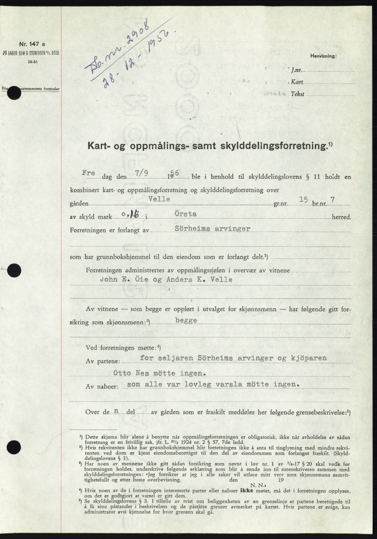 Søre Sunnmøre sorenskriveri, AV/SAT-A-4122/1/2/2C/L0105: Mortgage book no. 31A, 1956-1957, Diary no: : 2908/1956