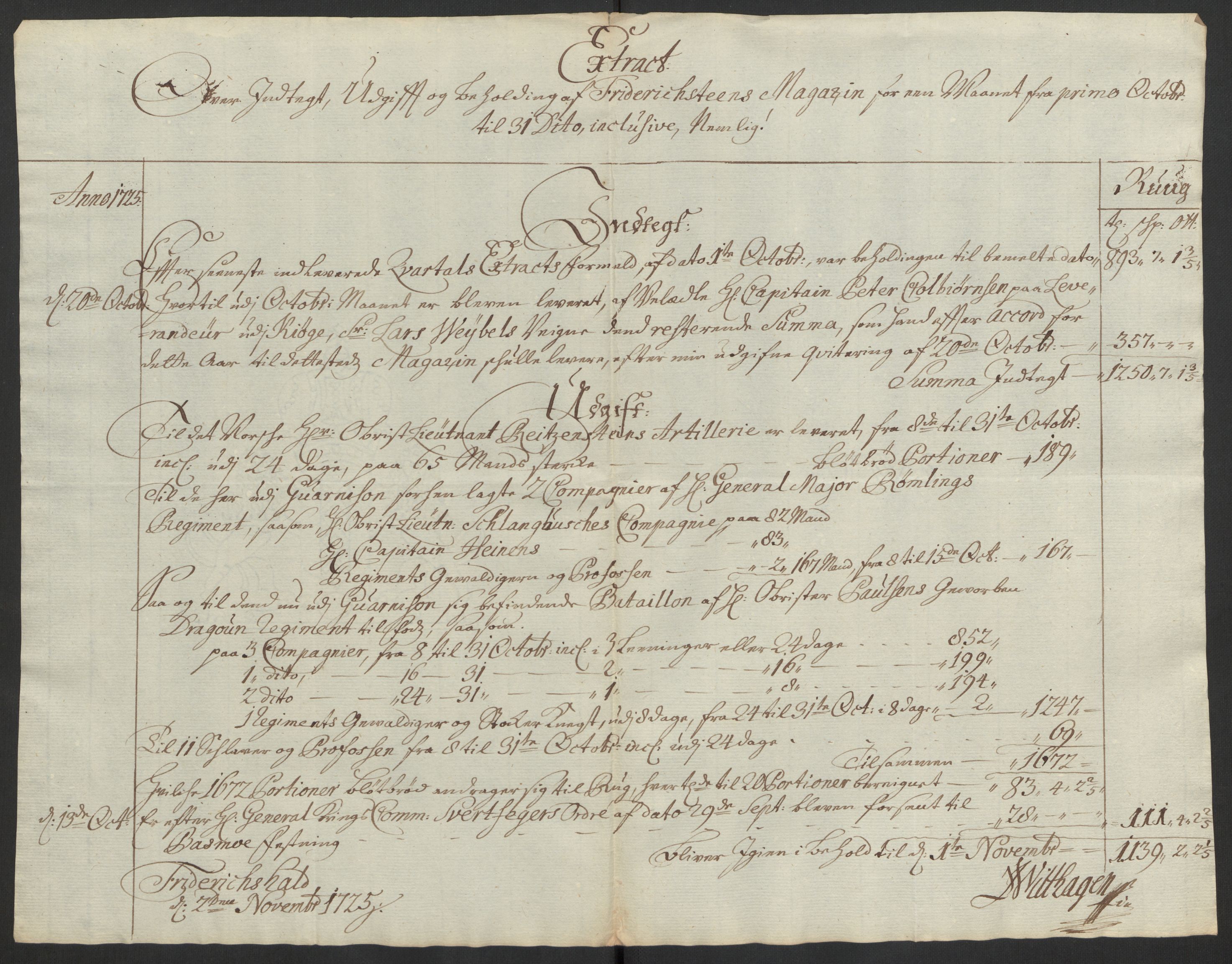 Kommanderende general (KG I) med Det norske krigsdirektorium, AV/RA-EA-5419/D/L0153: Fredriksten festning: Brev, inventarfortegnelser og regnskapsekstrakter, 1724-1729, p. 315