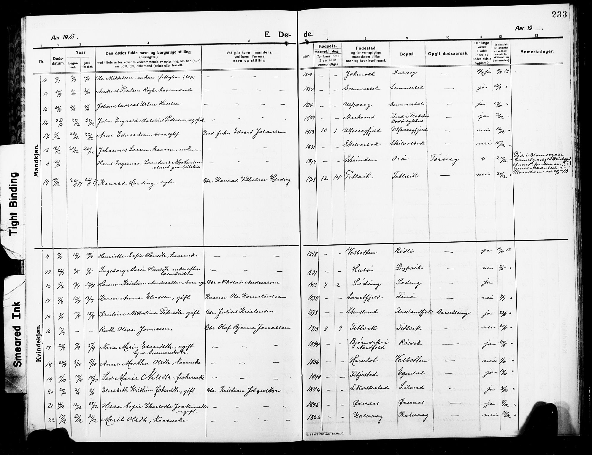 Ministerialprotokoller, klokkerbøker og fødselsregistre - Nordland, AV/SAT-A-1459/859/L0861: Parish register (copy) no. 859C07, 1910-1925, p. 233