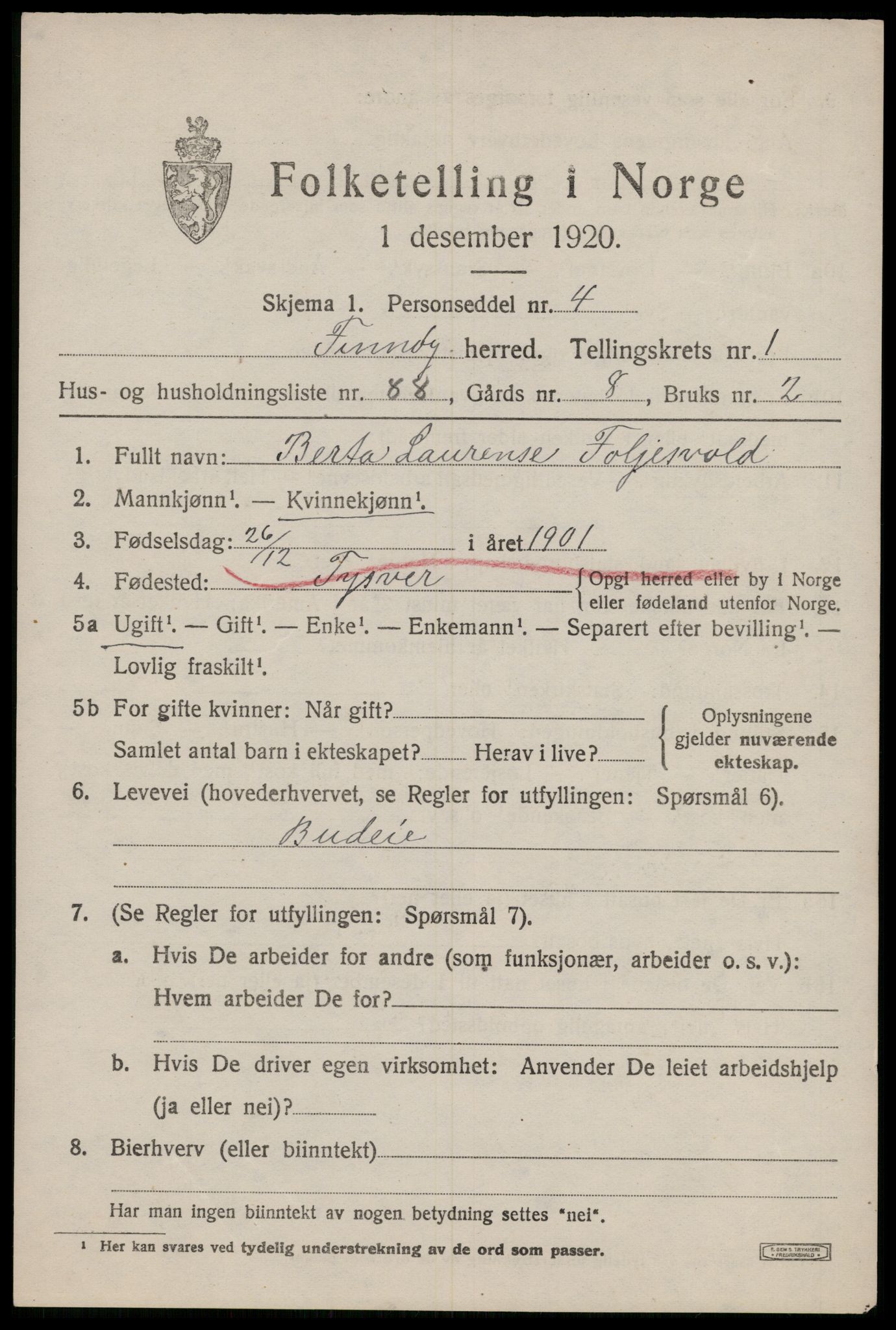 SAST, 1920 census for Finnøy, 1920, p. 1296