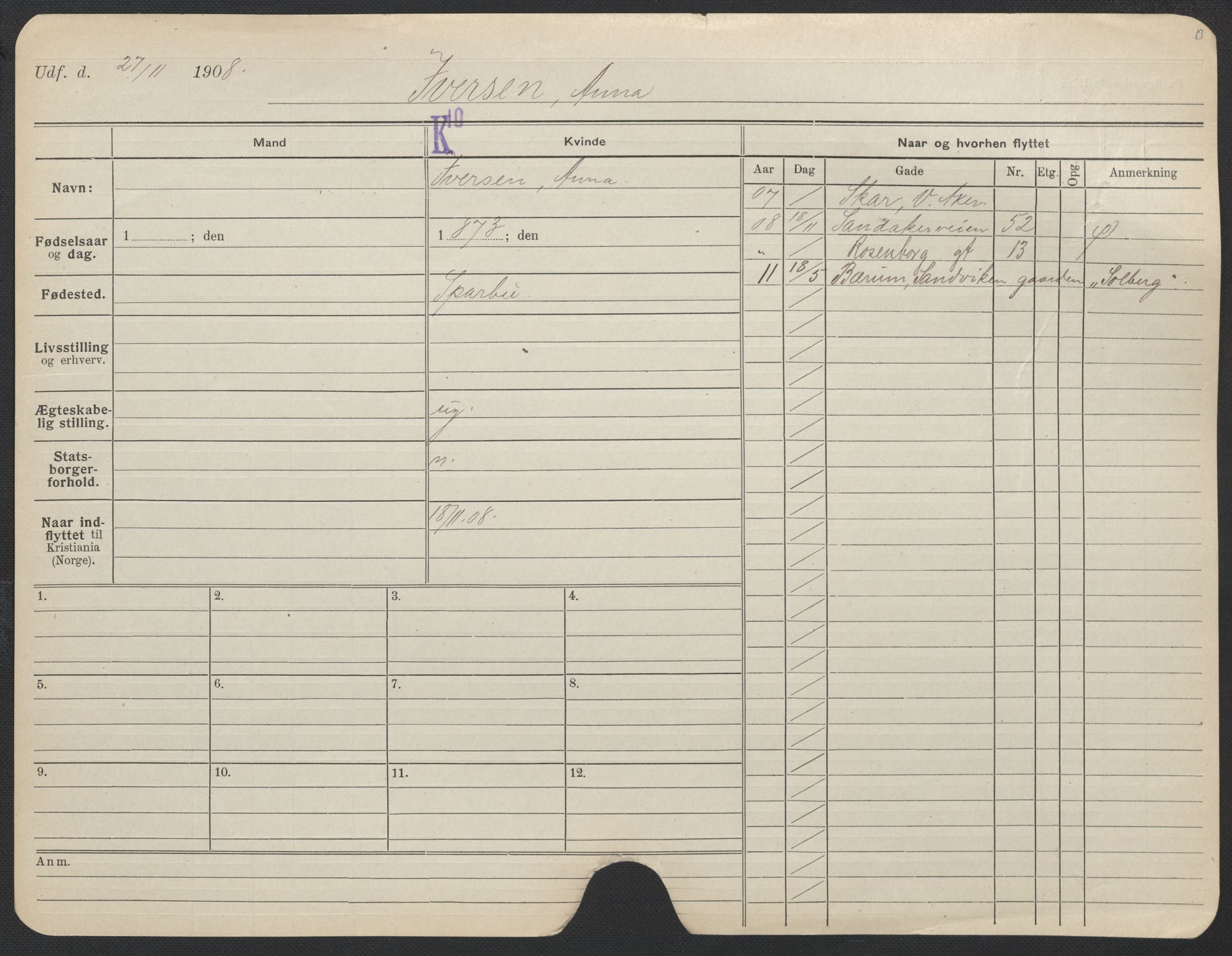 Oslo folkeregister, Registerkort, AV/SAO-A-11715/F/Fa/Fac/L0017: Kvinner, 1906-1914, p. 74a