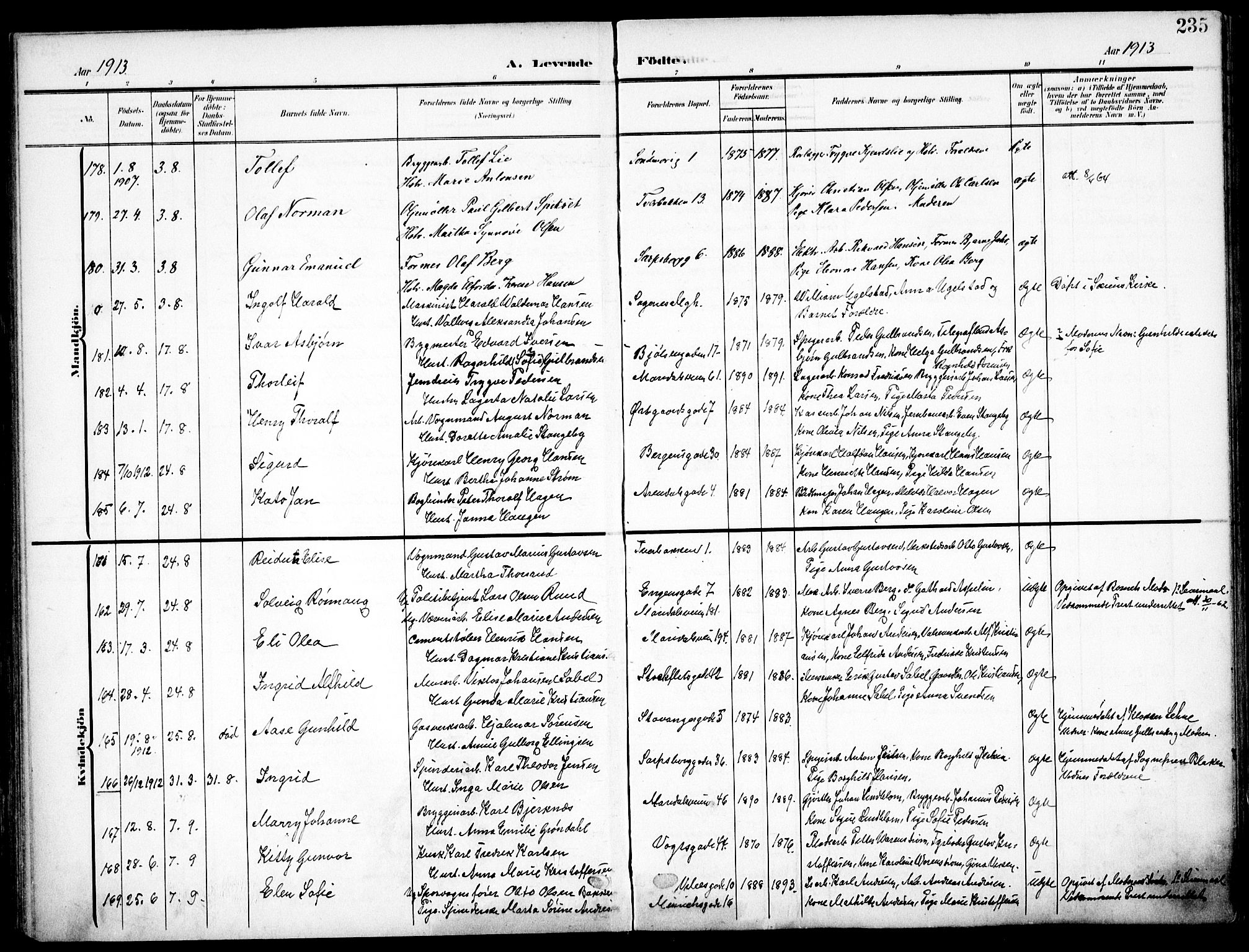 Sagene prestekontor Kirkebøker, SAO/A-10796/F/L0007: Parish register (official) no. 7, 1905-1915, p. 235