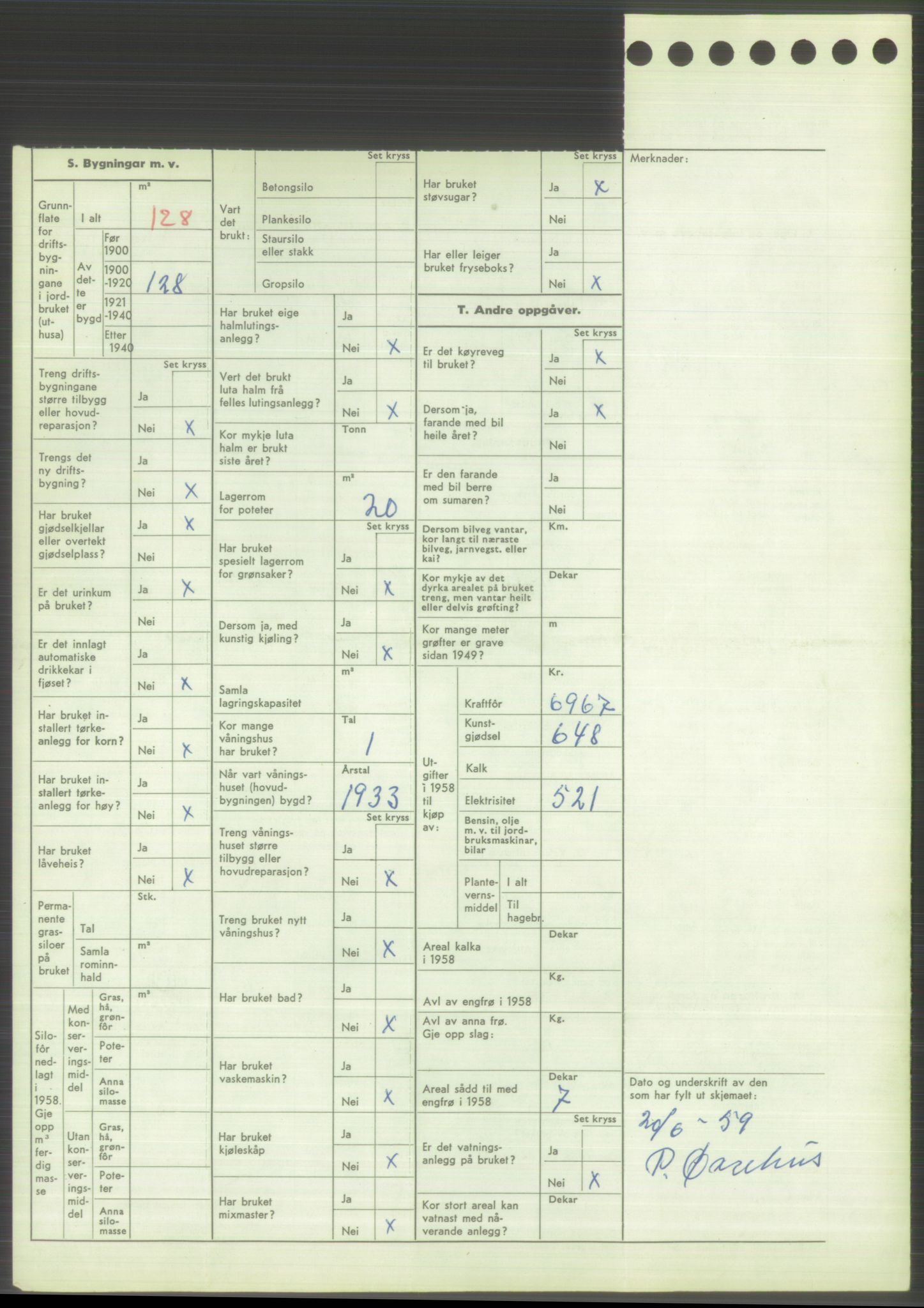 Statistisk sentralbyrå, Næringsøkonomiske emner, Jordbruk, skogbruk, jakt, fiske og fangst, AV/RA-S-2234/G/Gd/L0373: Rogaland: 1130 Strand (kl. 1-2), 1131 Årdal og 1132 Fister, 1959, p. 1870