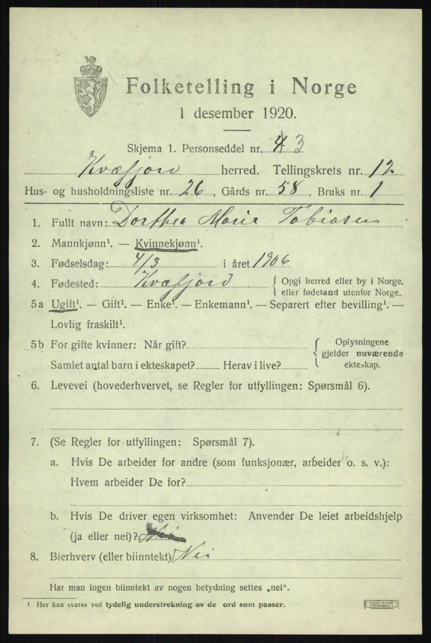 SATØ, 1920 census for Kvæfjord, 1920, p. 5969