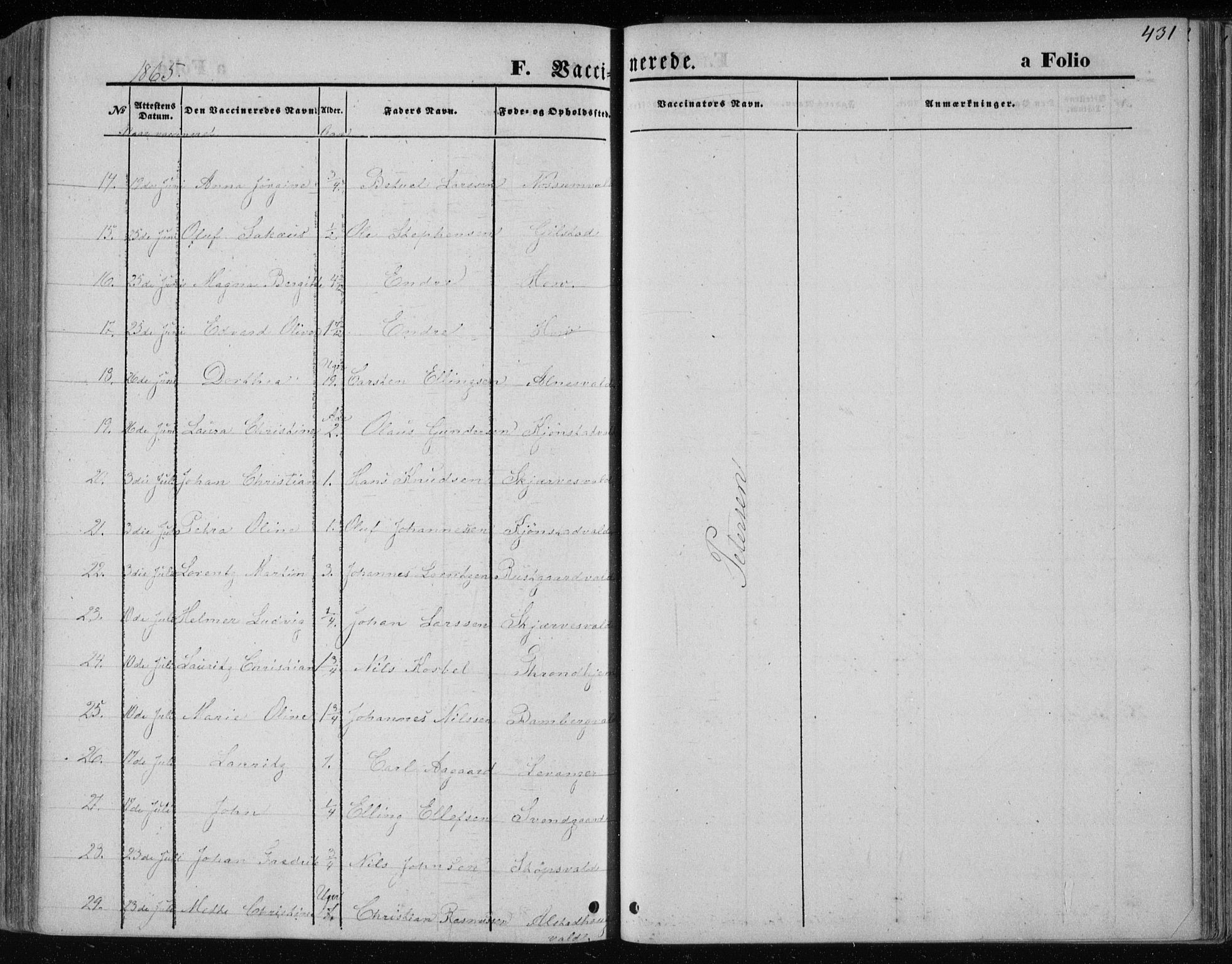 Ministerialprotokoller, klokkerbøker og fødselsregistre - Nord-Trøndelag, AV/SAT-A-1458/717/L0157: Parish register (official) no. 717A08 /1, 1863-1877, p. 431