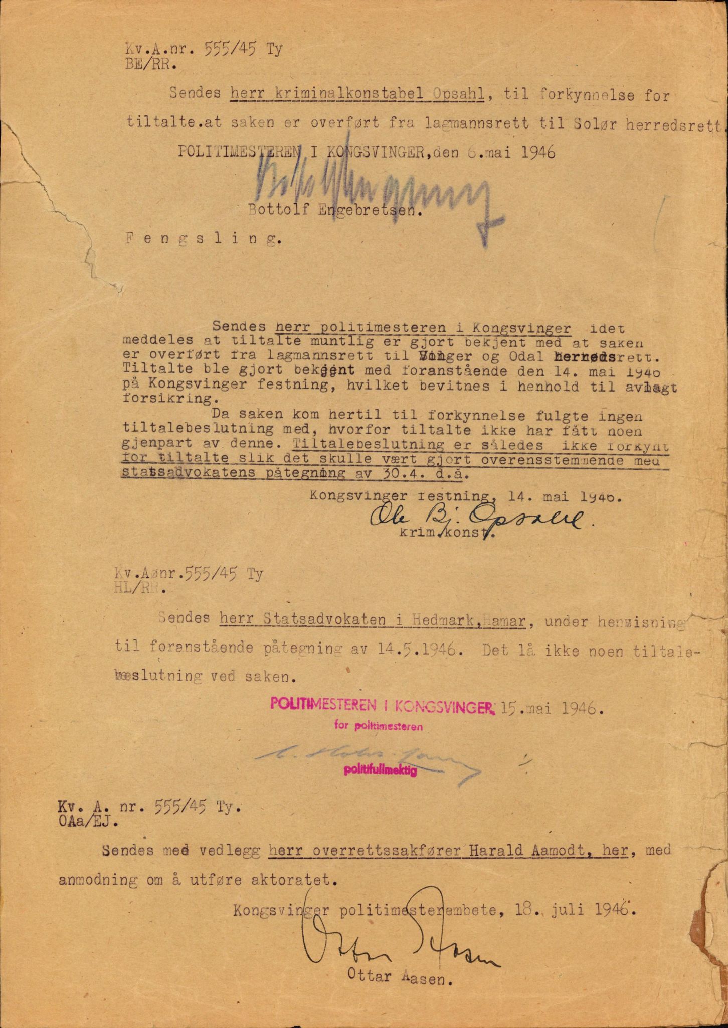 Landssvikarkivet, Kongsvinger politikammer, AV/RA-S-3138-08/Da/L0055/0797: Saker / Anr. 555/45, 1945-1946, p. 8