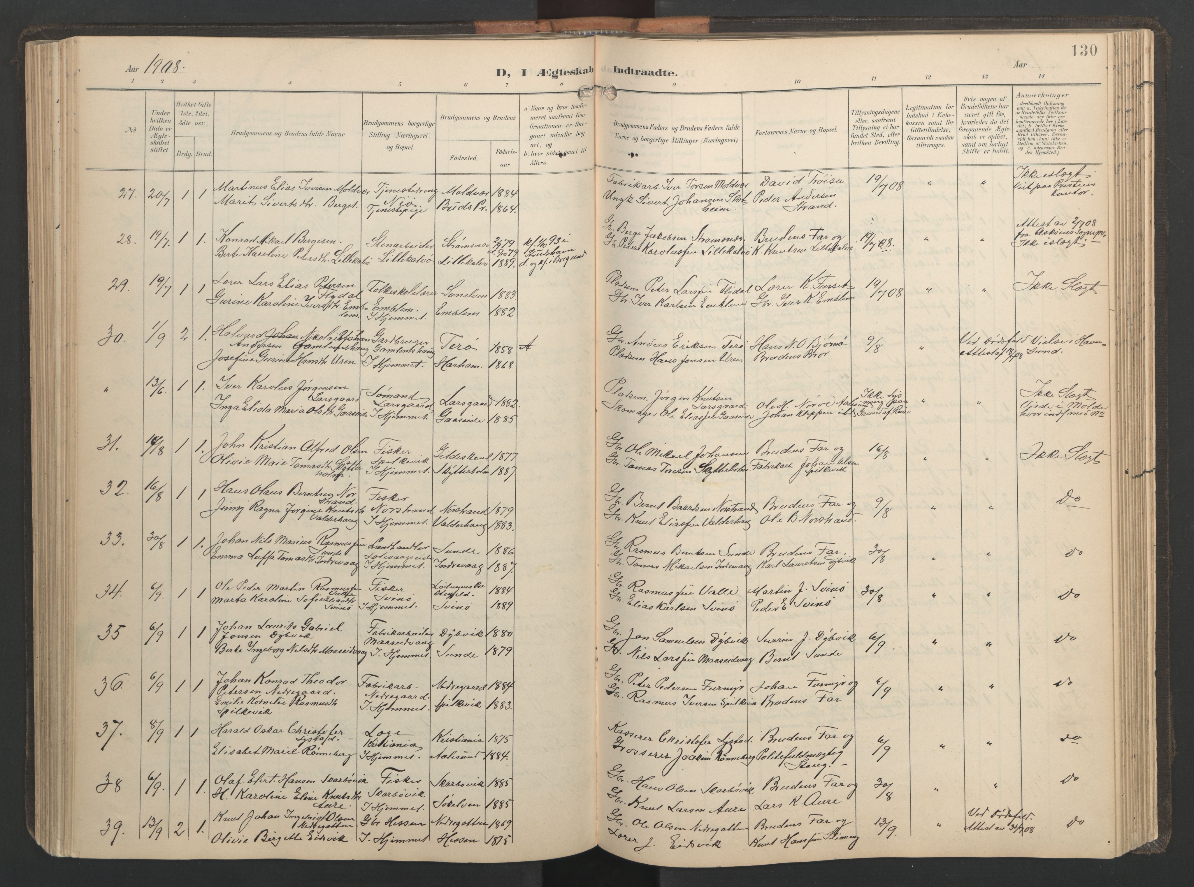 Ministerialprotokoller, klokkerbøker og fødselsregistre - Møre og Romsdal, AV/SAT-A-1454/528/L0433: Parish register (copy) no. 528C14, 1899-1922, p. 130