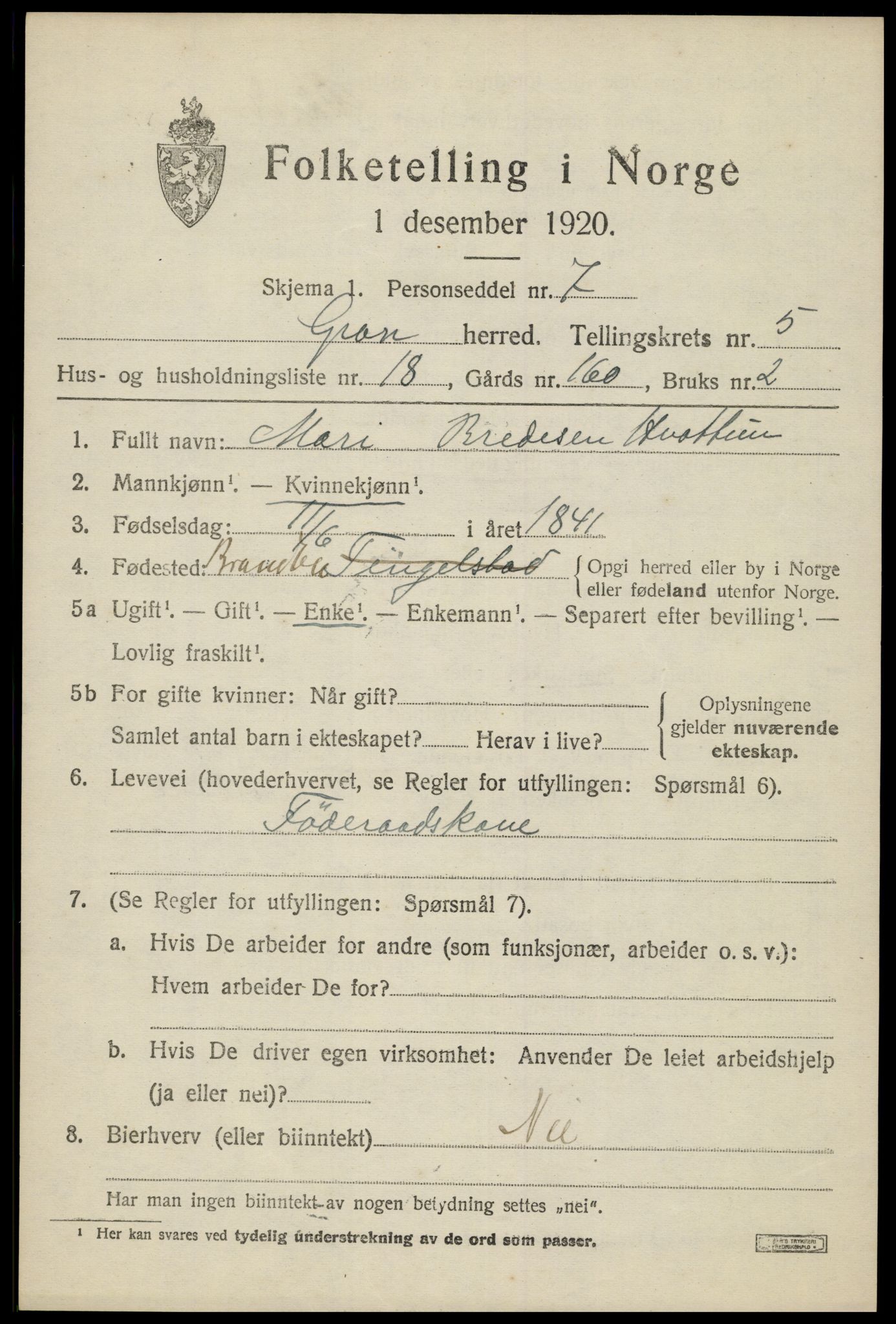 SAH, 1920 census for Gran, 1920, p. 7165