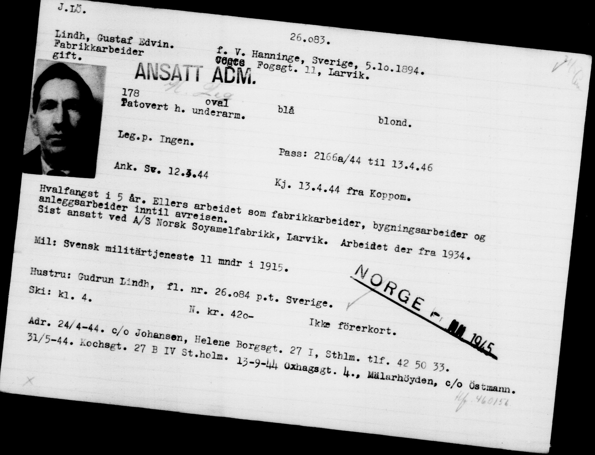 Utenriksstasjonene, Legasjonen i Stockholm, Flyktningkontoret, AV/RA-S-6753/V/Va/L0011: Kjesäterkartoteket, flyktninger med registreringsnr. 25300-28349, 1940-1945, p. 826