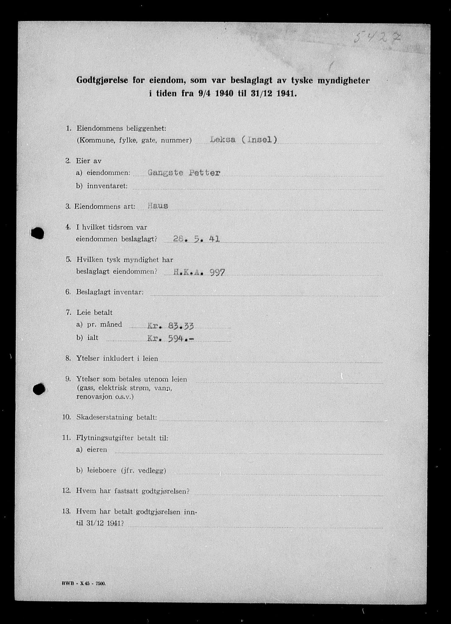 Justisdepartementet, Tilbakeføringskontoret for inndratte formuer, AV/RA-S-1564/I/L1018: Godtgjørelse for beslaglagt eiendom, 1940-1941, p. 241