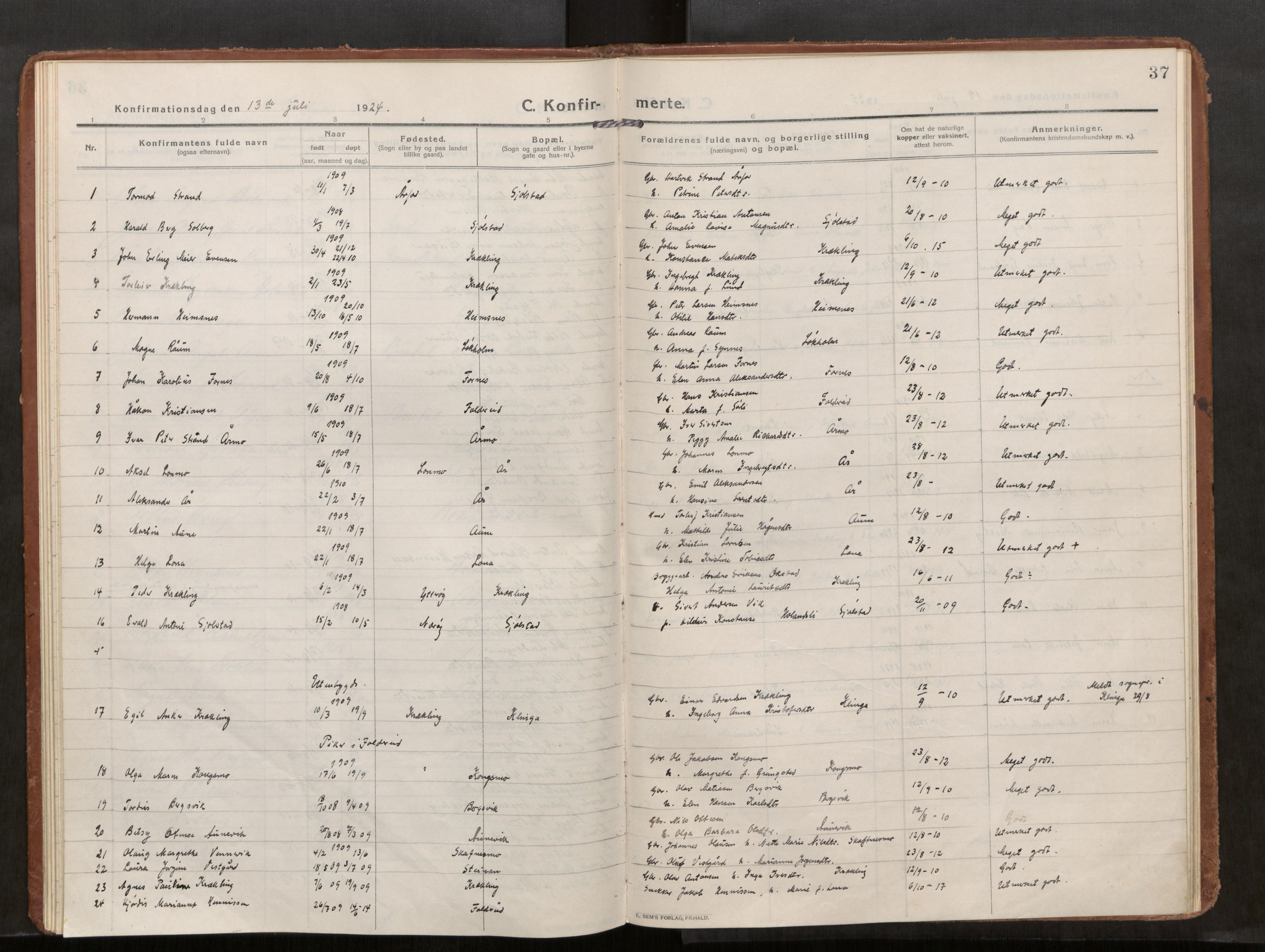 Kolvereid sokneprestkontor, SAT/A-1171/H/Ha/Haa/L0002: Parish register (official) no. 2, 1914-1926, p. 37