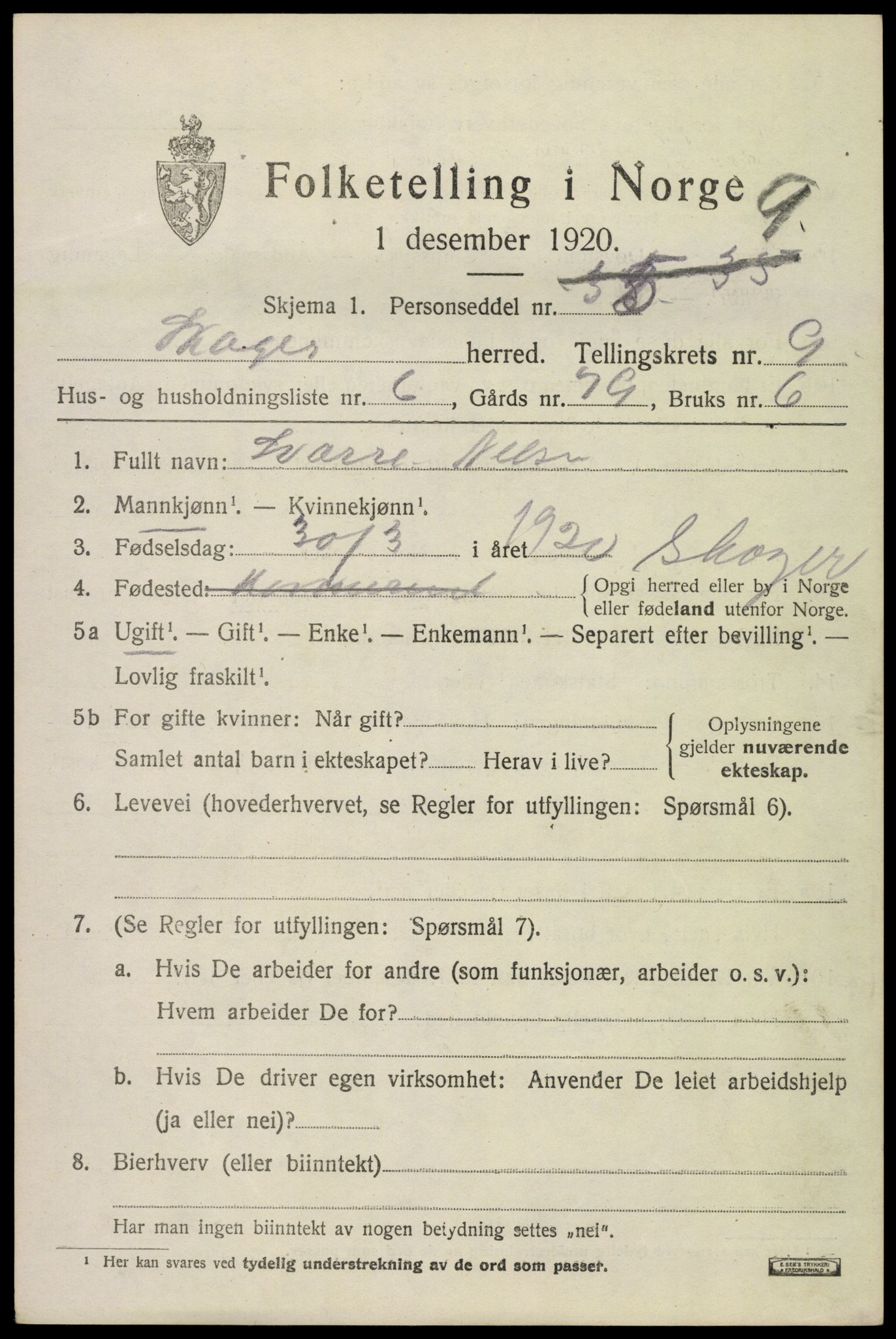 SAKO, 1920 census for Skoger, 1920, p. 16399