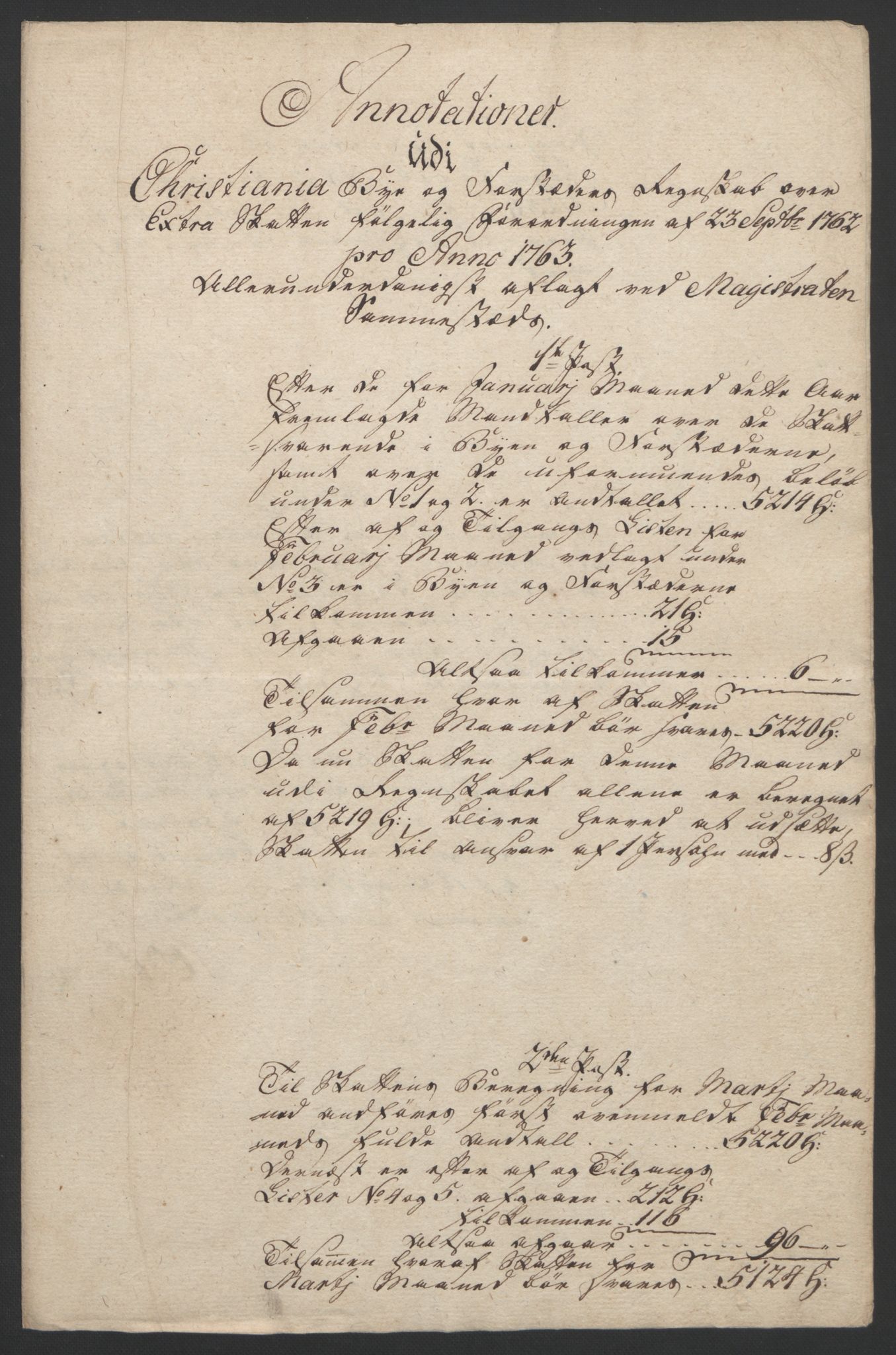 Rentekammeret inntil 1814, Reviderte regnskaper, Byregnskaper, RA/EA-4066/R/Re/L0072/0001: [E13] Kontribusjonsregnskap / Ekstraskatt, 1763-1764, p. 222