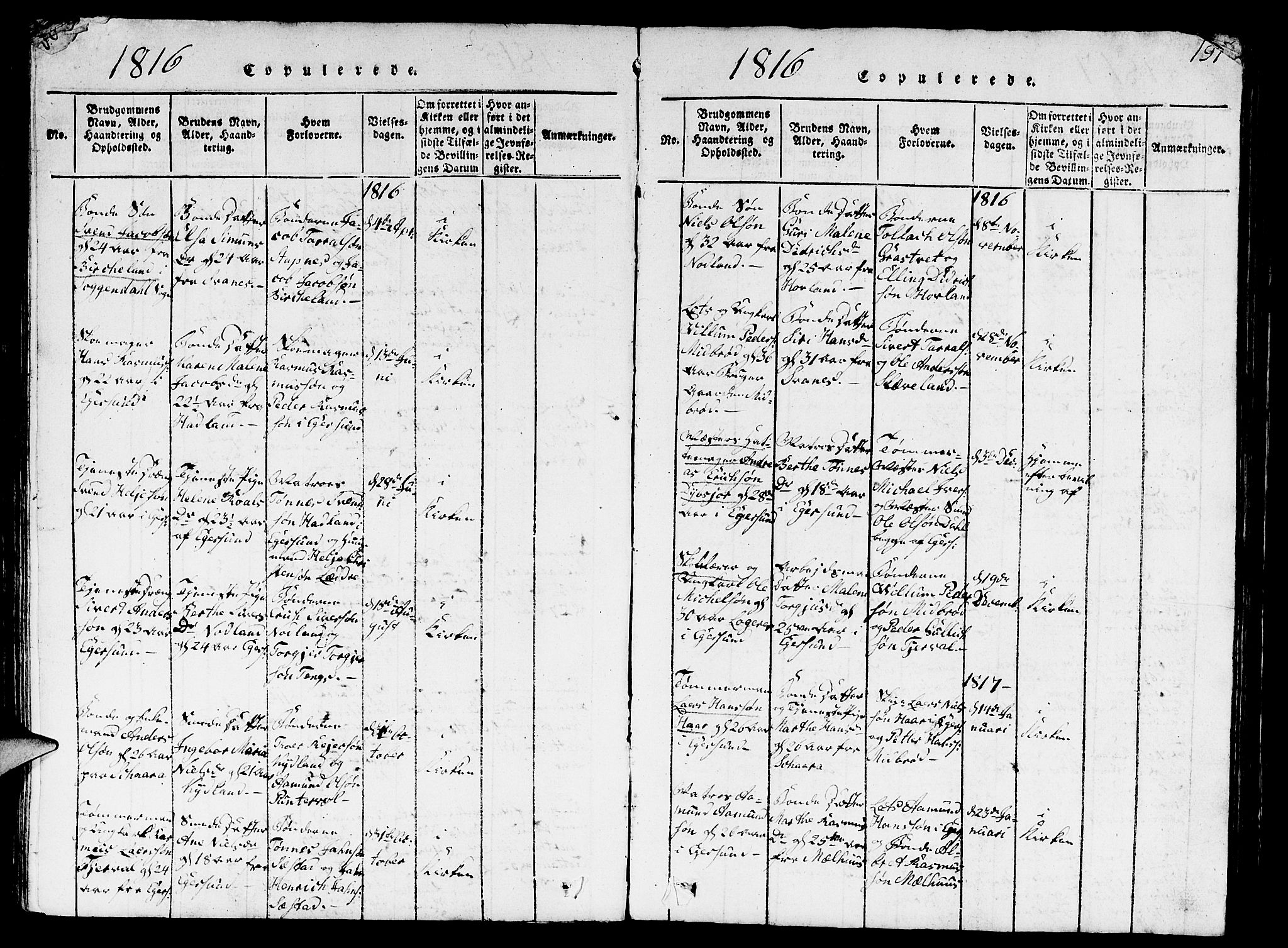 Eigersund sokneprestkontor, AV/SAST-A-101807/001/30/30BB/L0001: Parish register (copy) no. B 1, 1815-1827, p. 191