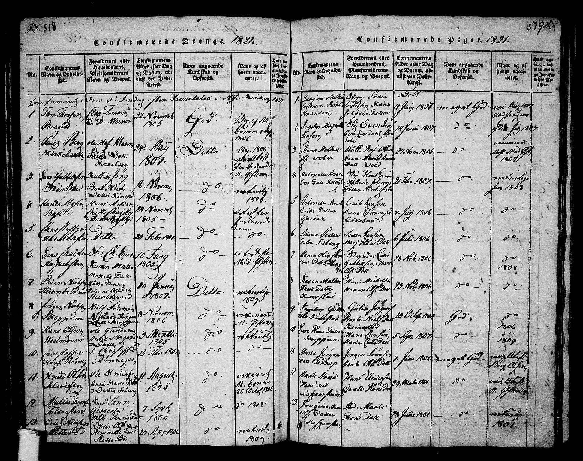 Borre kirkebøker, SAKO/A-338/G/Ga/L0001: Parish register (copy) no. I 1, 1815-1851, p. 518-519