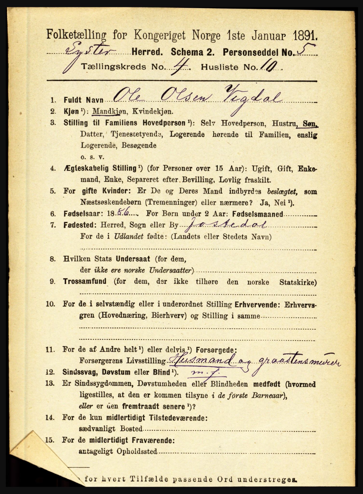 RA, 1891 census for 1426 Luster, 1891, p. 1475