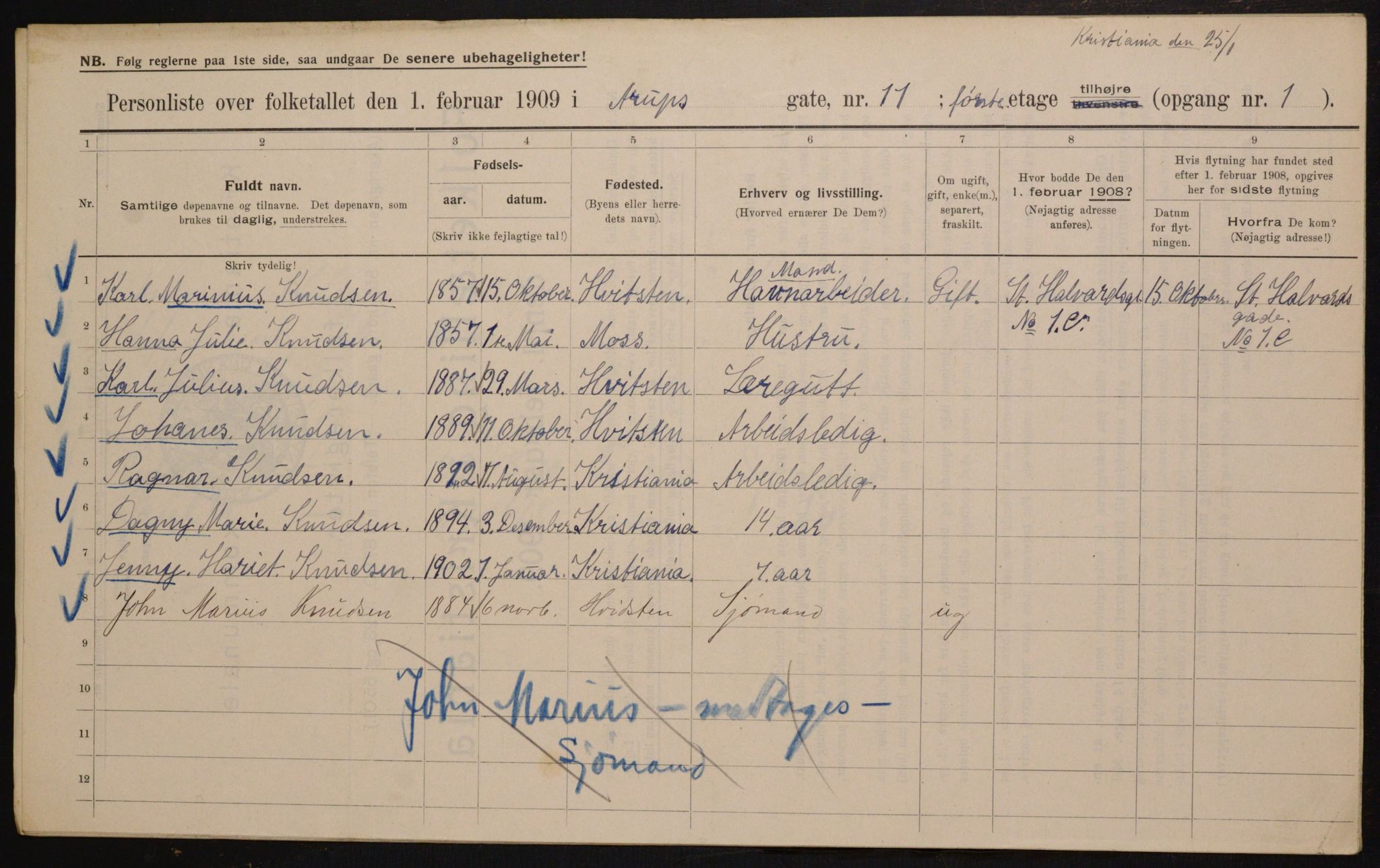 OBA, Municipal Census 1909 for Kristiania, 1909, p. 2121