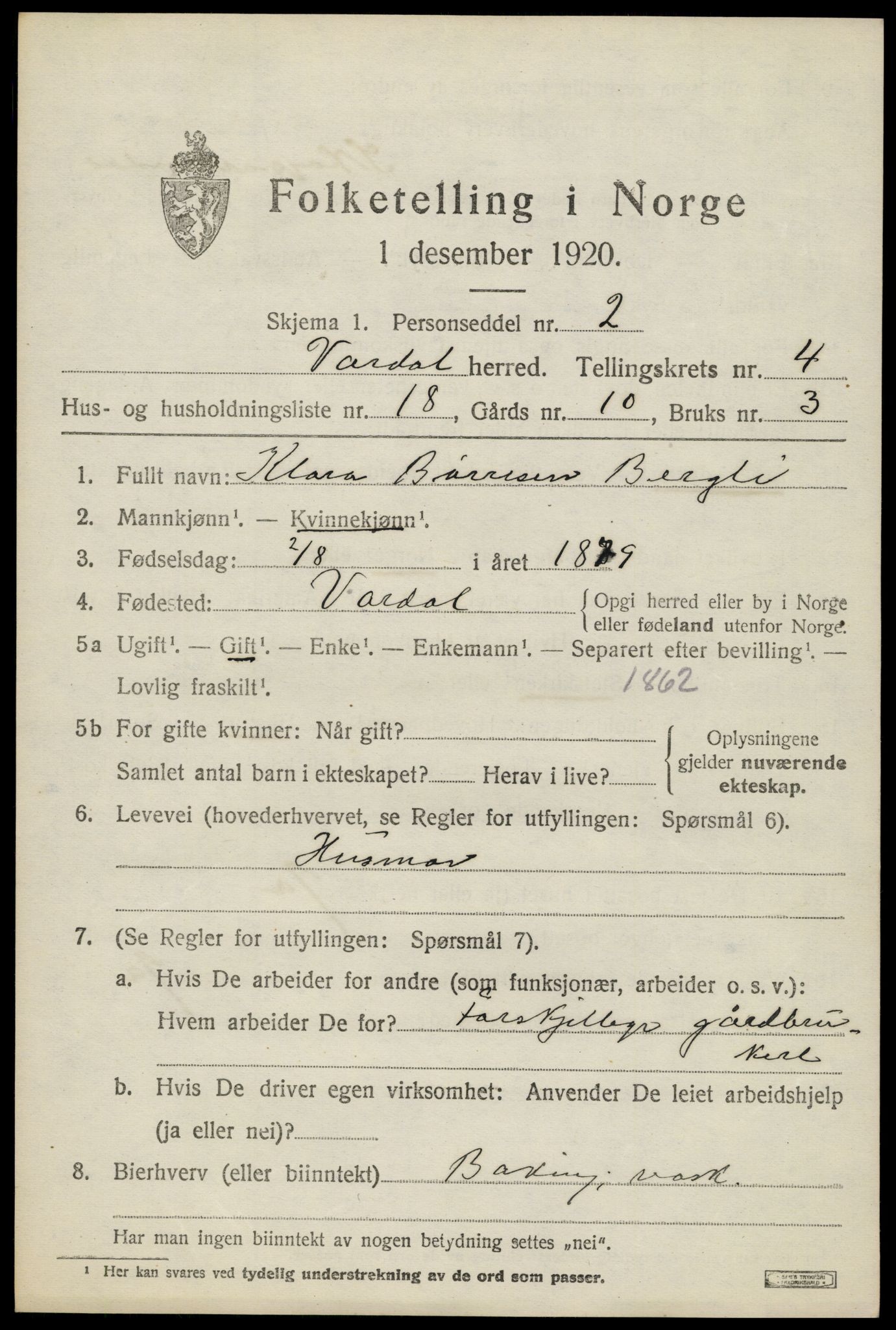 SAH, 1920 census for Vardal, 1920, p. 3043