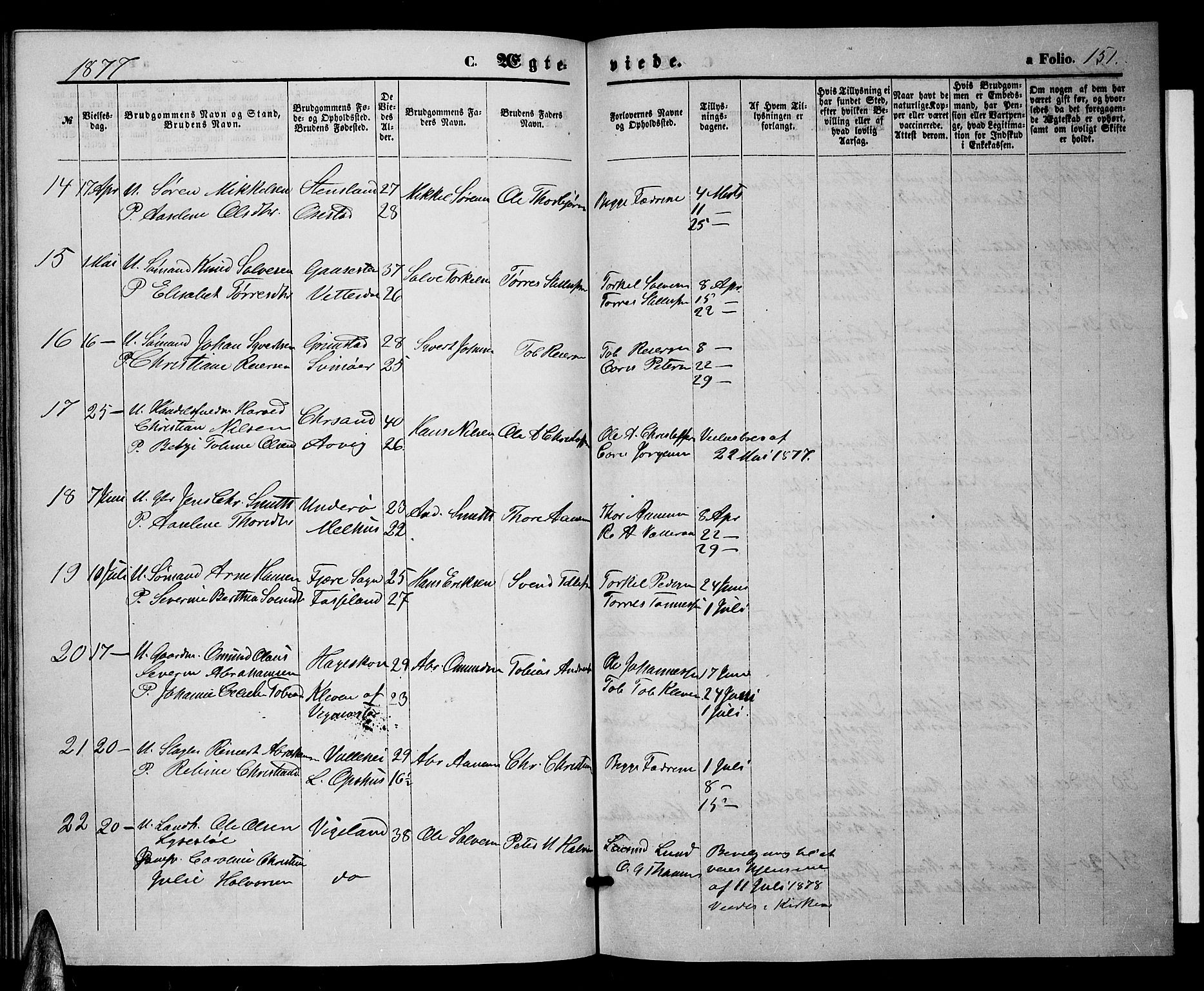Sør-Audnedal sokneprestkontor, AV/SAK-1111-0039/F/Fb/Fbb/L0004: Parish register (copy) no. B 4, 1868-1879, p. 151