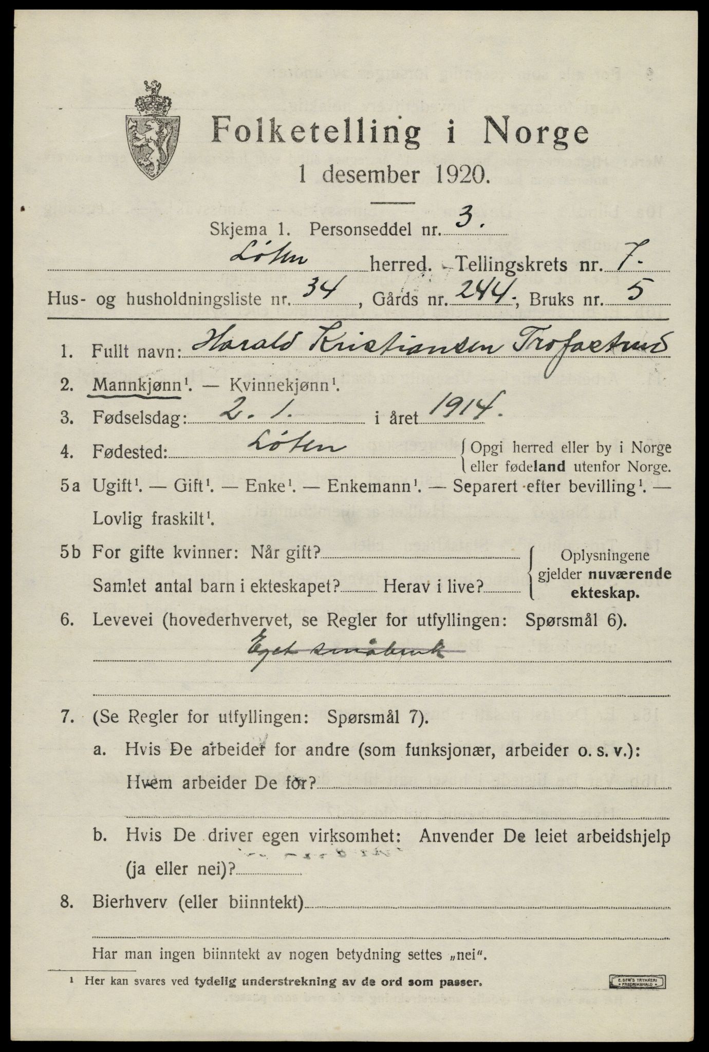 SAH, 1920 census for Løten, 1920, p. 14215