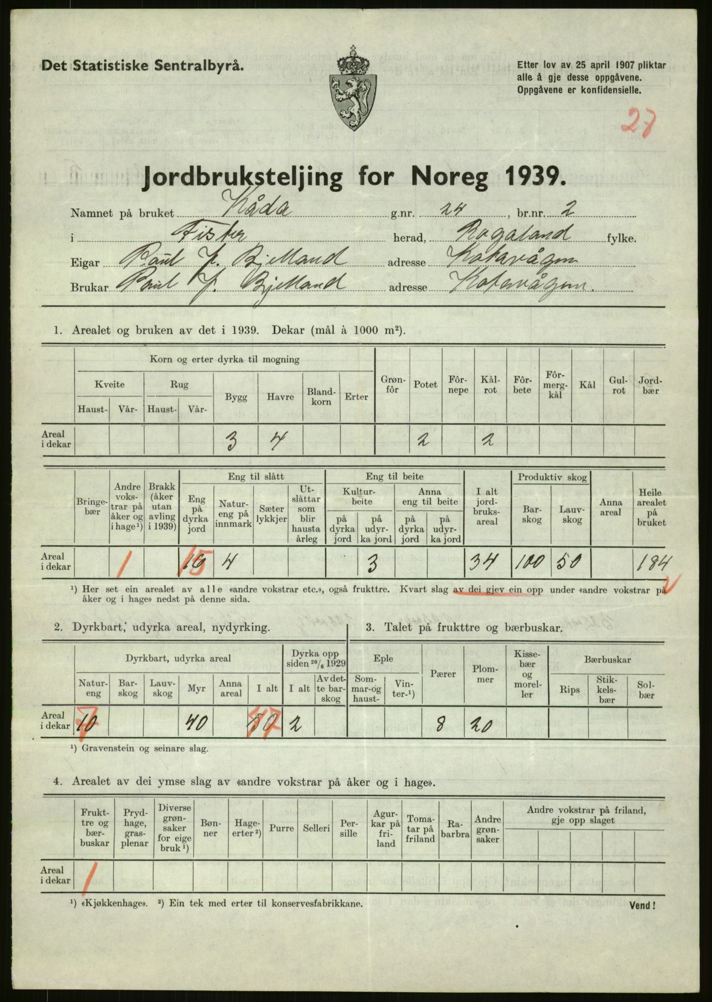 Statistisk sentralbyrå, Næringsøkonomiske emner, Jordbruk, skogbruk, jakt, fiske og fangst, AV/RA-S-2234/G/Gb/L0184: Rogaland: Årdal, Fister og Hjelmeland, 1939, p. 213